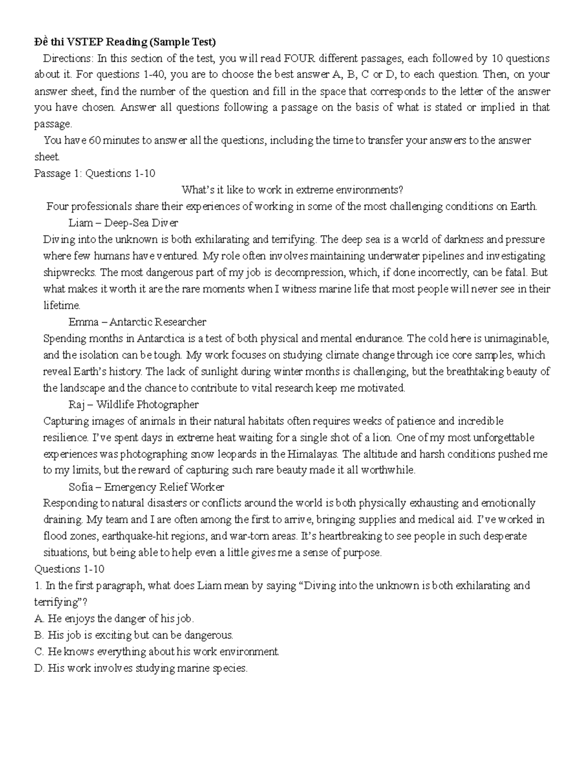 Đề thi VSTEP Reading - Sample Test Questions and Passages - Studocu
