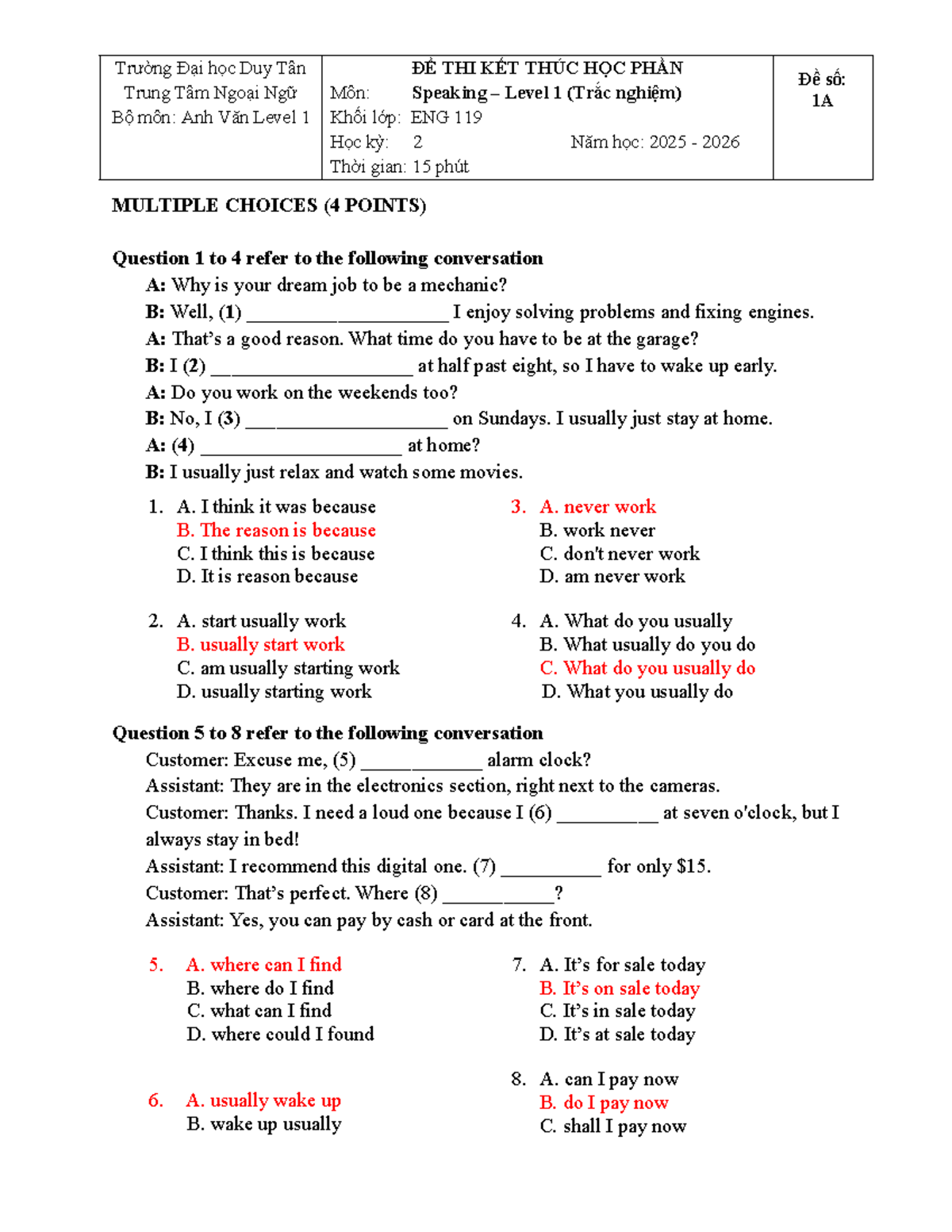Đề Thi Kết Thúc Học Phần ENG 119 - Speaking Level 1 (Trắc Nghiệm) - Studocu