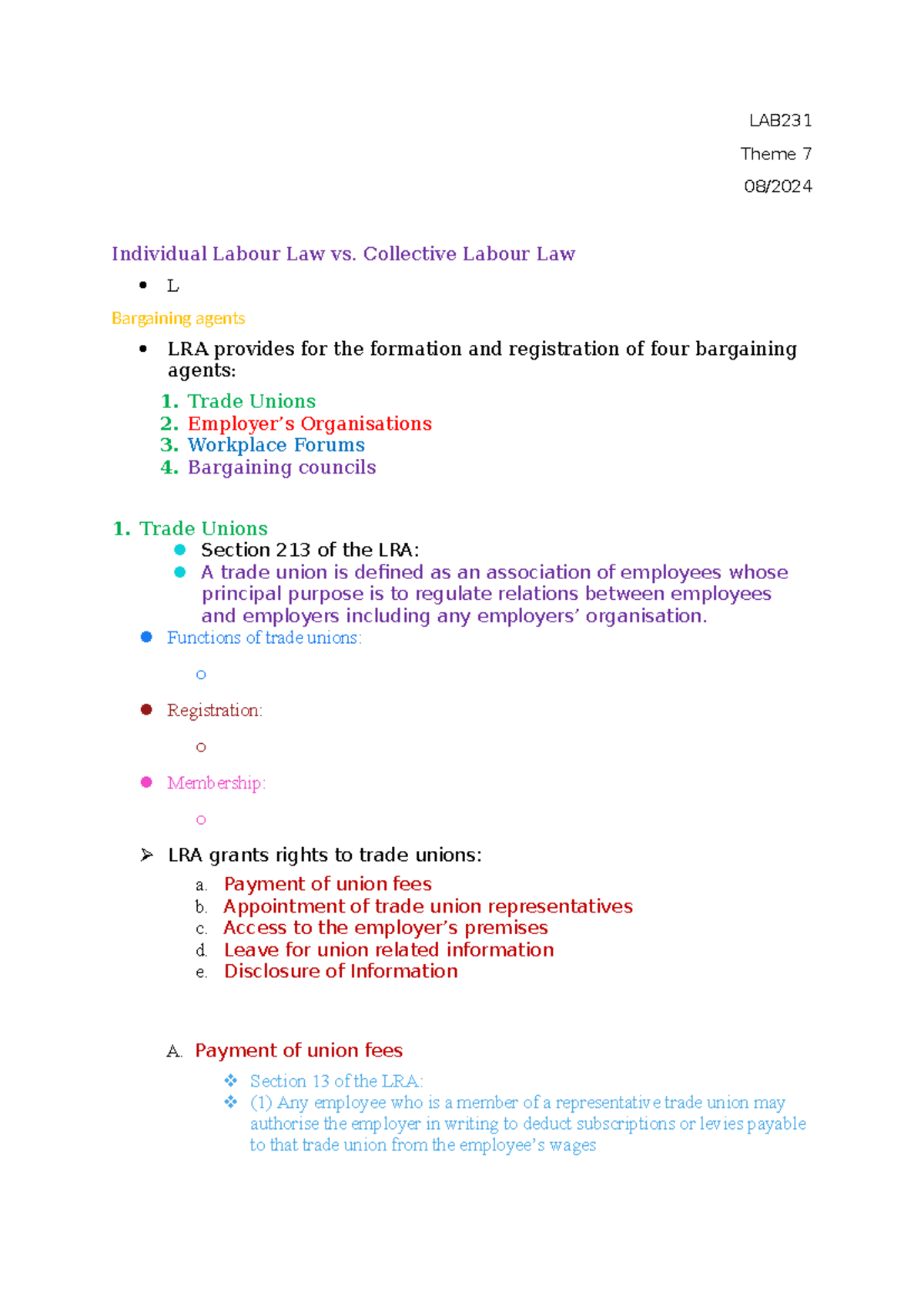 LAB231 Theme 7 - Lecture Notes - LAB Theme 7 08/ Individual Labour Law ...