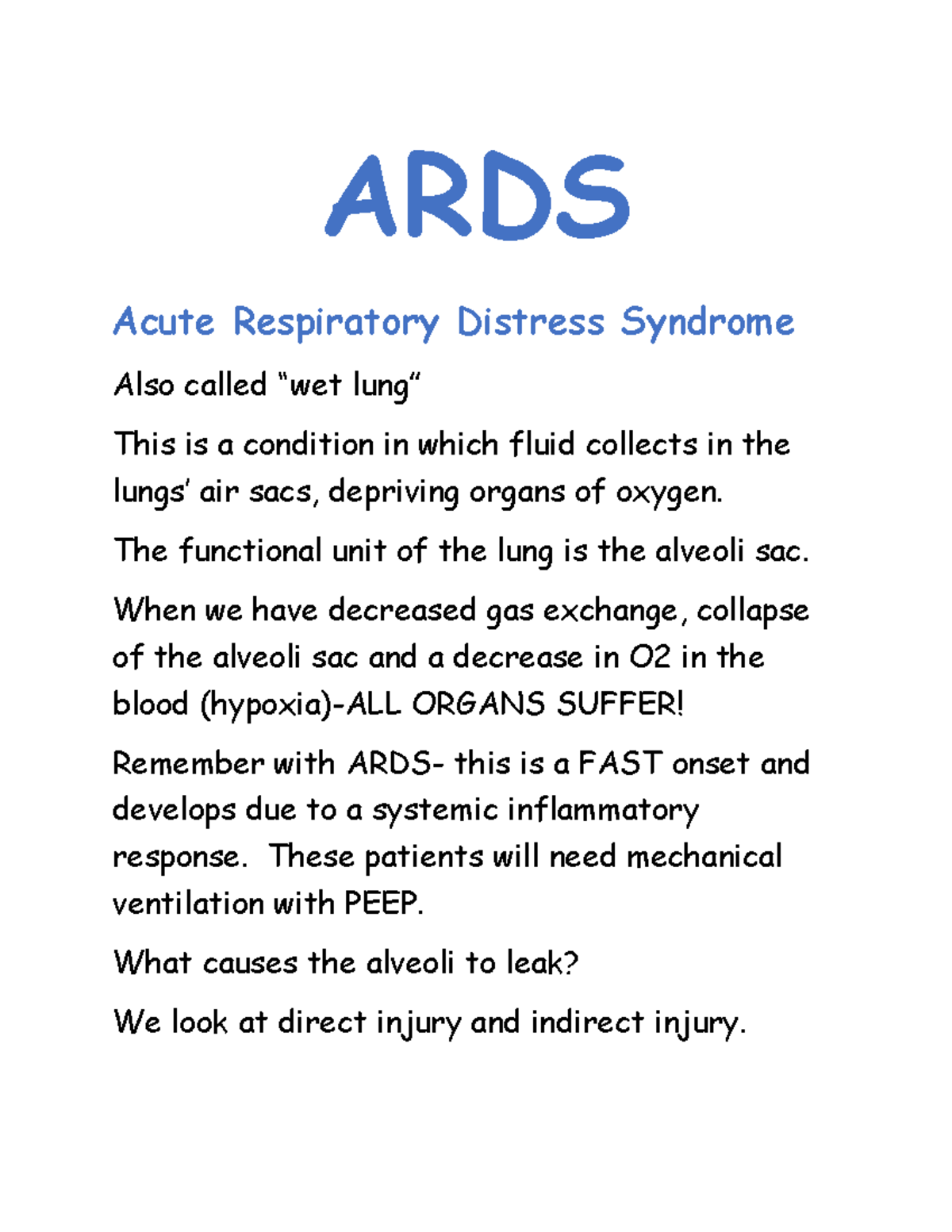 ARDS Review - Lecture Notes for Nursing Students - Studocu