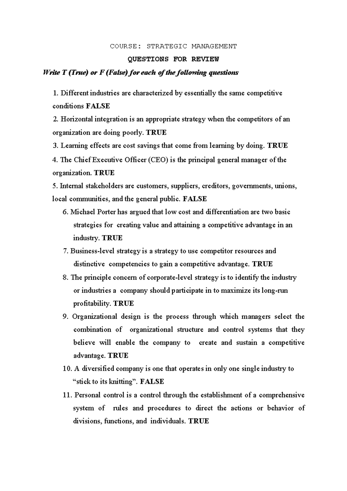 Strategic Management Course Review Questions and Answers (SM 101) - Studocu
