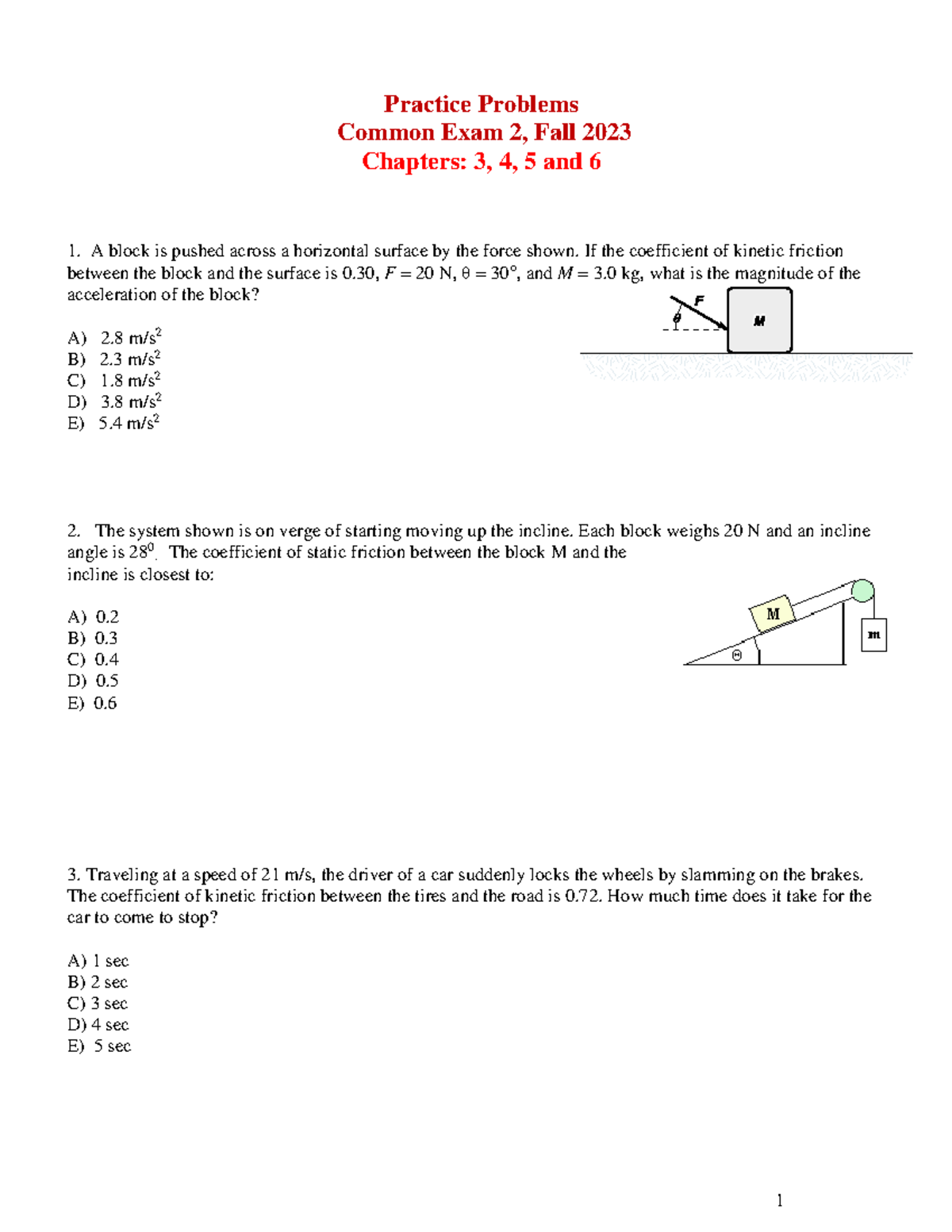 2 Practice Problems, Physisc 111 Common Exam 2, Fall 2023 - Practice ...