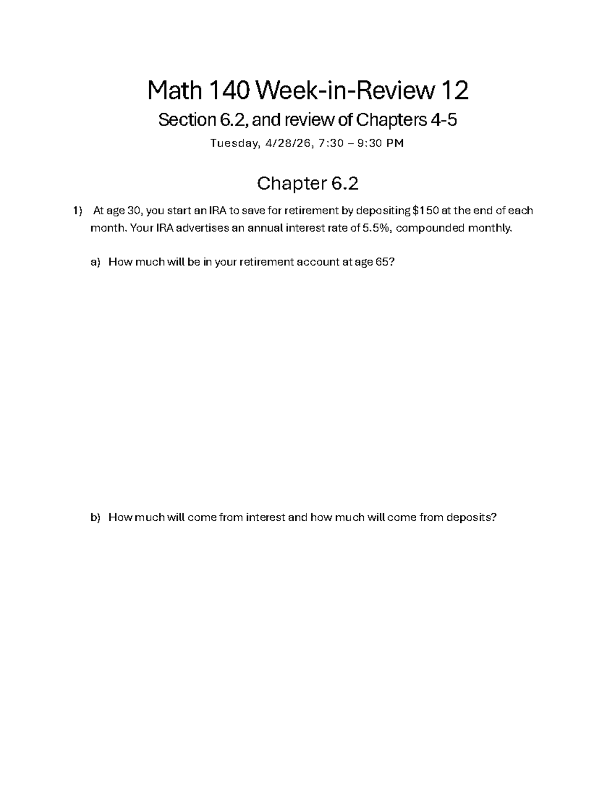 Math 140 WIR 12 Spring 2026: Chapter 6.2 Review & Solutions - Studocu