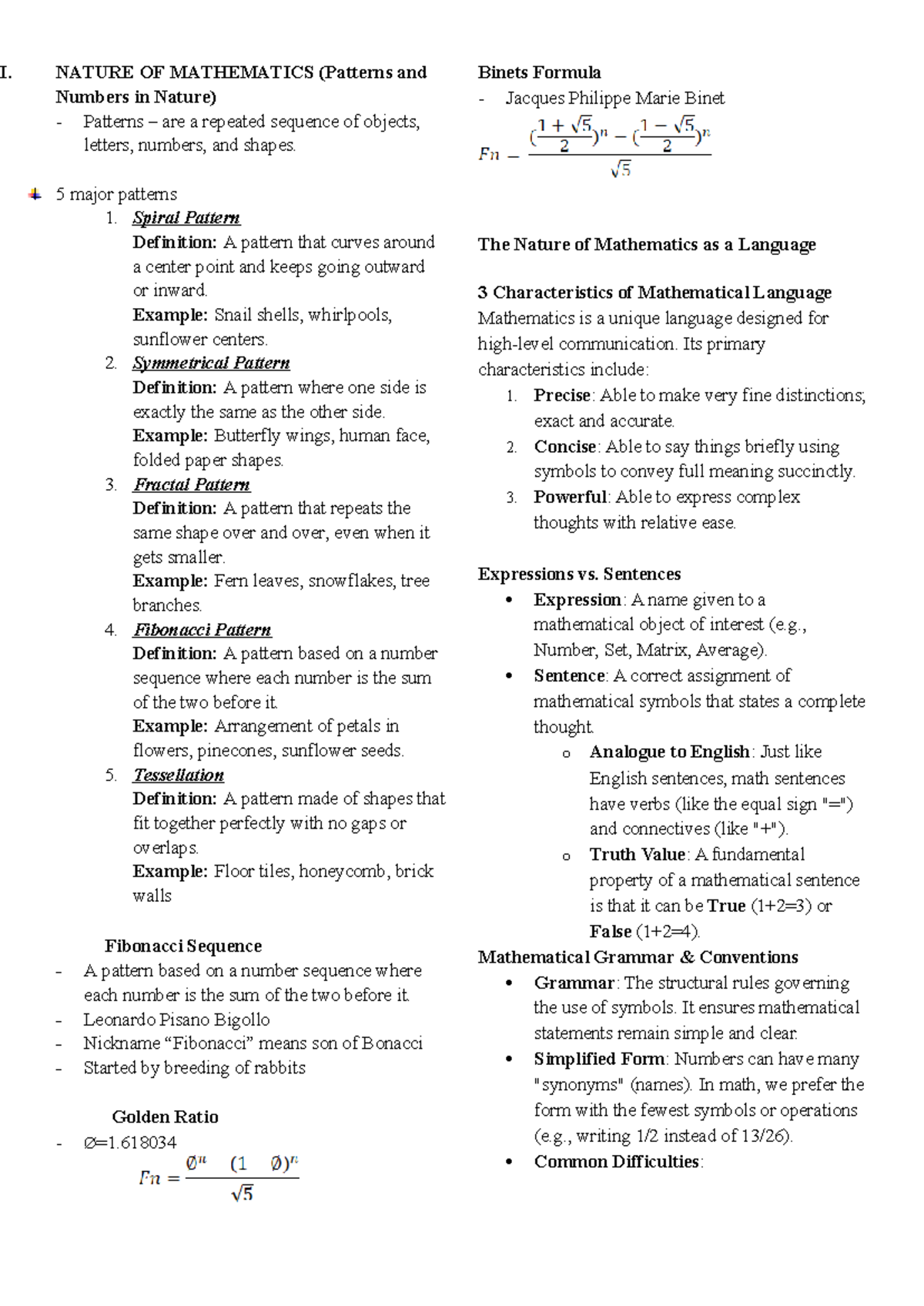 I. NATURE OF MATHEMATICS: Patterns and Numbers Explained (MATH101 ...
