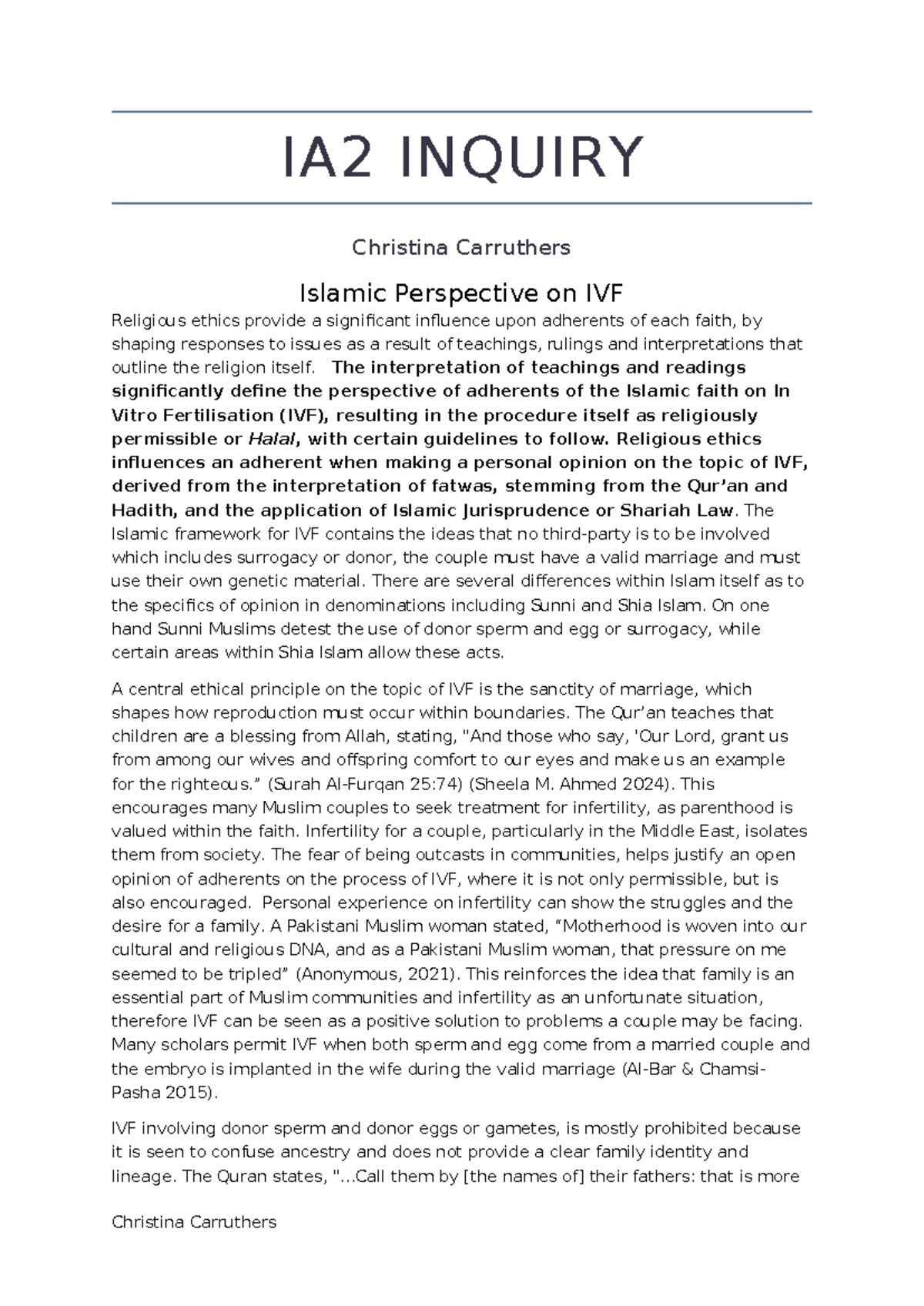 IA2 Inquiry: Islamic Perspectives on IVF and Religious Ethics - Studocu