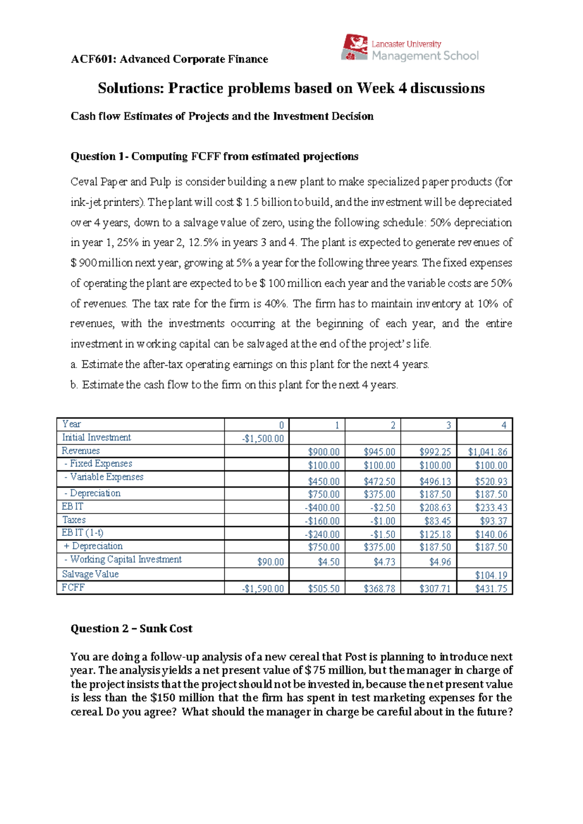 Solutions Week 14: Cash Flow Analysis and Investment Decisions - Studocu