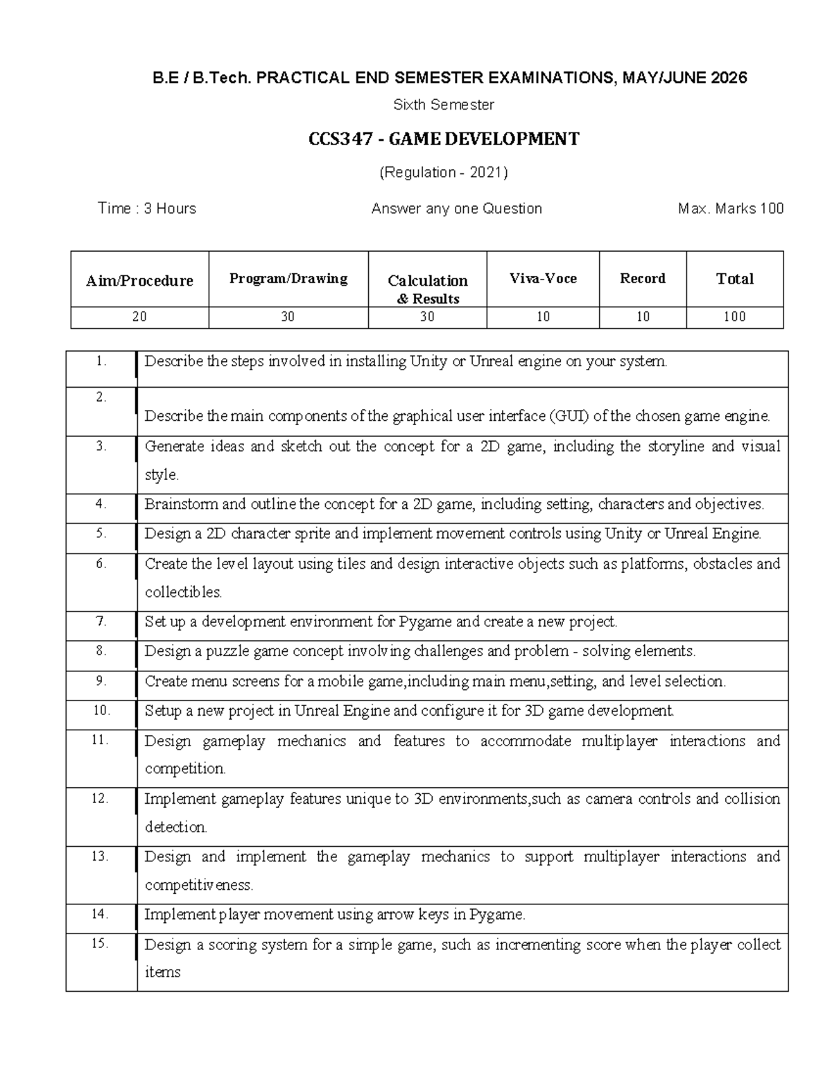 CCS347 Game Development: Practical End Semester Exam Questions 2026 ...