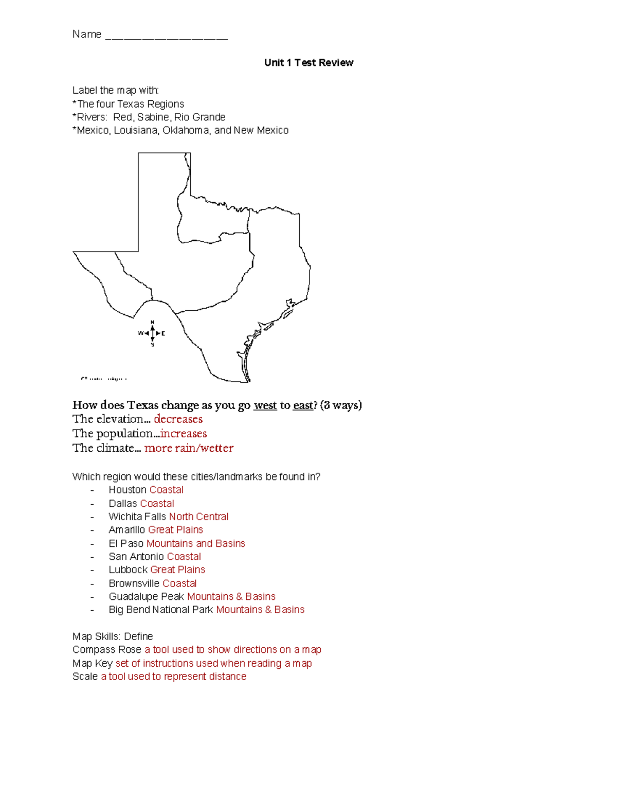 Unit 1 Test Review 2024: Key for Texas Regions & Map Skills - Studocu