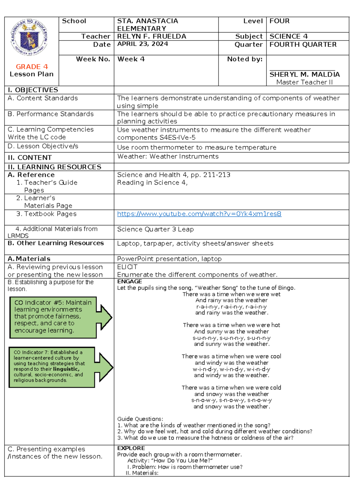 Grade 4 Science Lesson Plan: Weather Instruments (COT No. 1) - Studocu