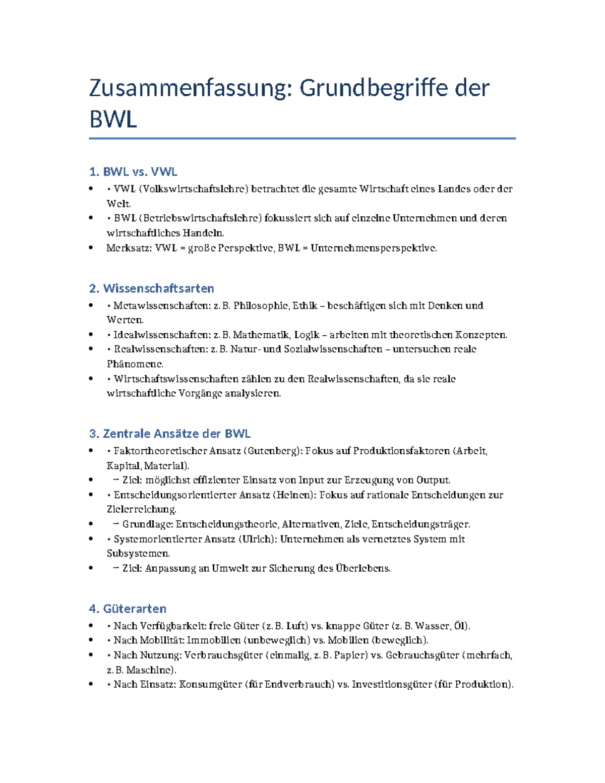 Zusammenfassung: Grundbegriffe der BWL (BWL 1) - Studocu
