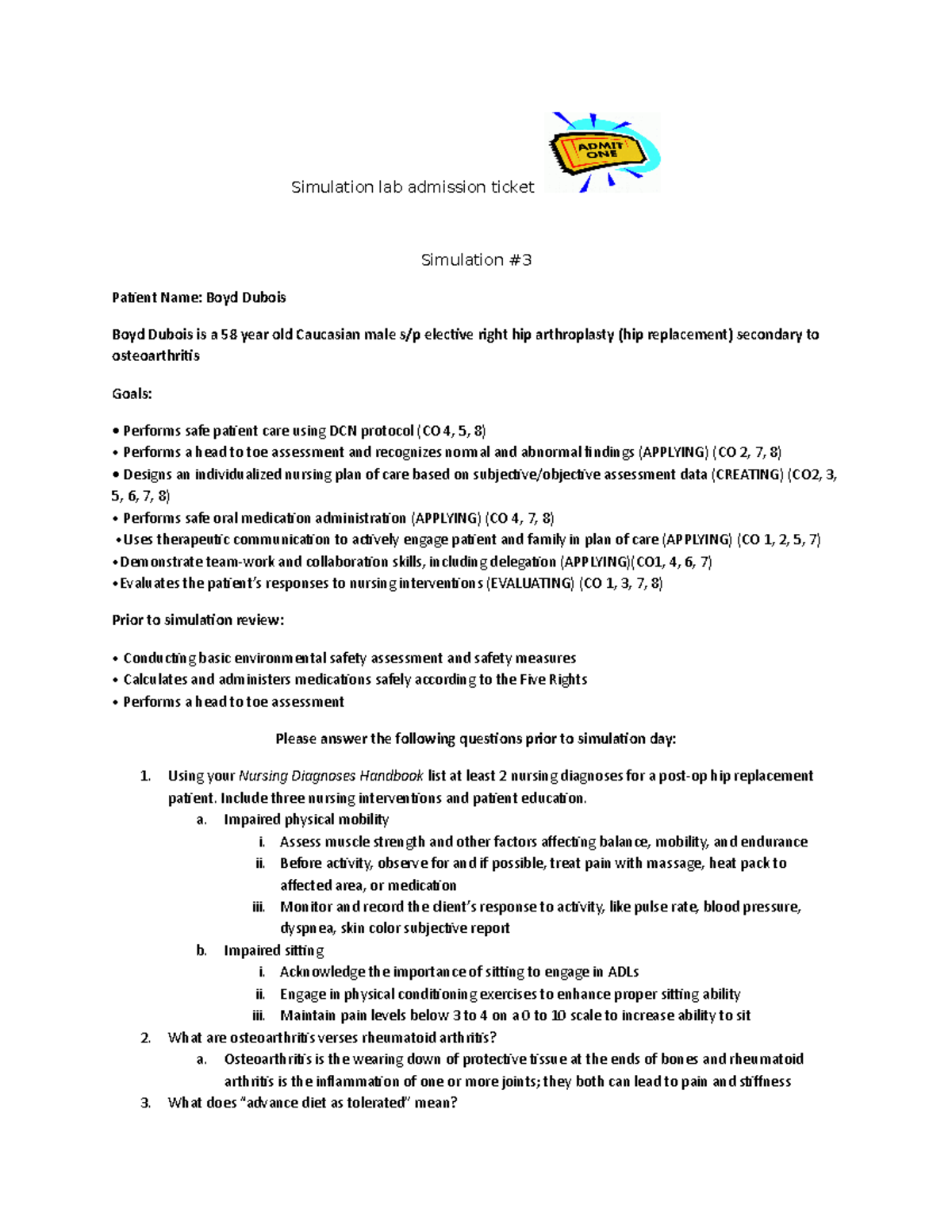 Boyd Dubois Simulation Lab Ticket 2019: Week 3 Pre-Exam Guide - Studocu