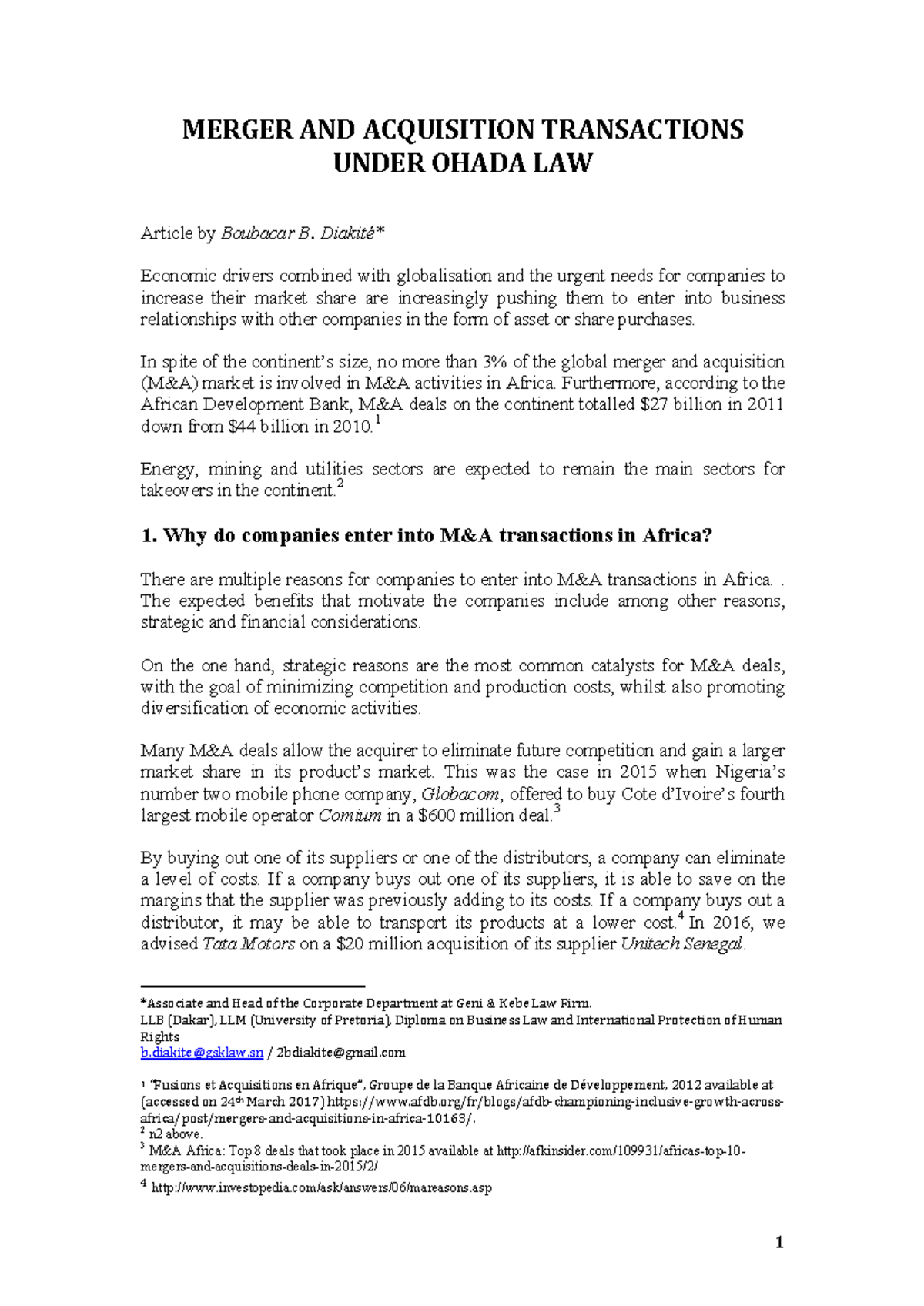 MERGER & ACQUISITION TRANSACTIONS UNDER OHADA LAW: A Comprehensive ...