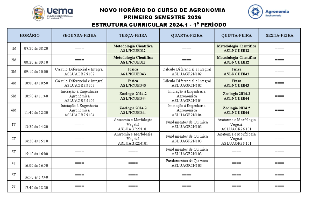 Novo Horário do Curso de Agronomia - 1º Semestre 2026 - Studocu