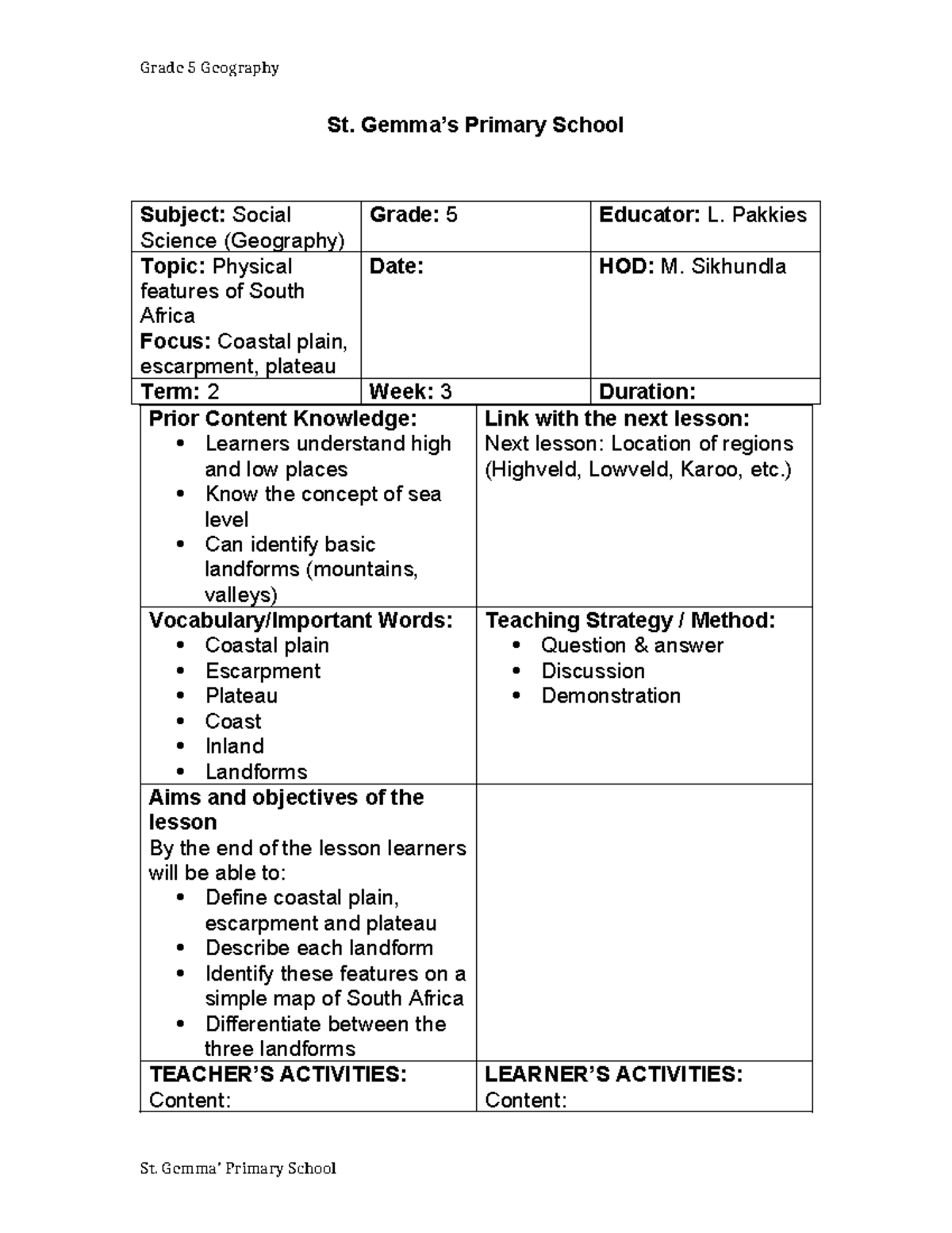 Grade 5 Geography Lesson Plan: Physical Features of South Africa - Studocu