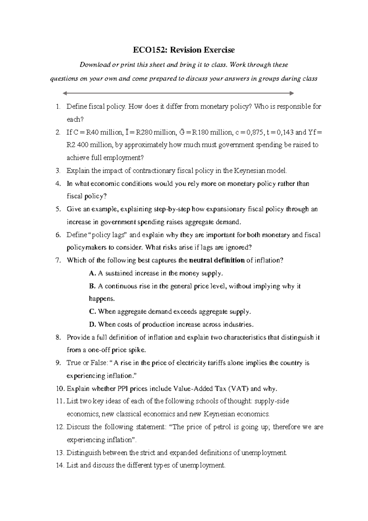 ECO152: Revision Exercise for Fiscal and Monetary Policy Concepts - Studocu