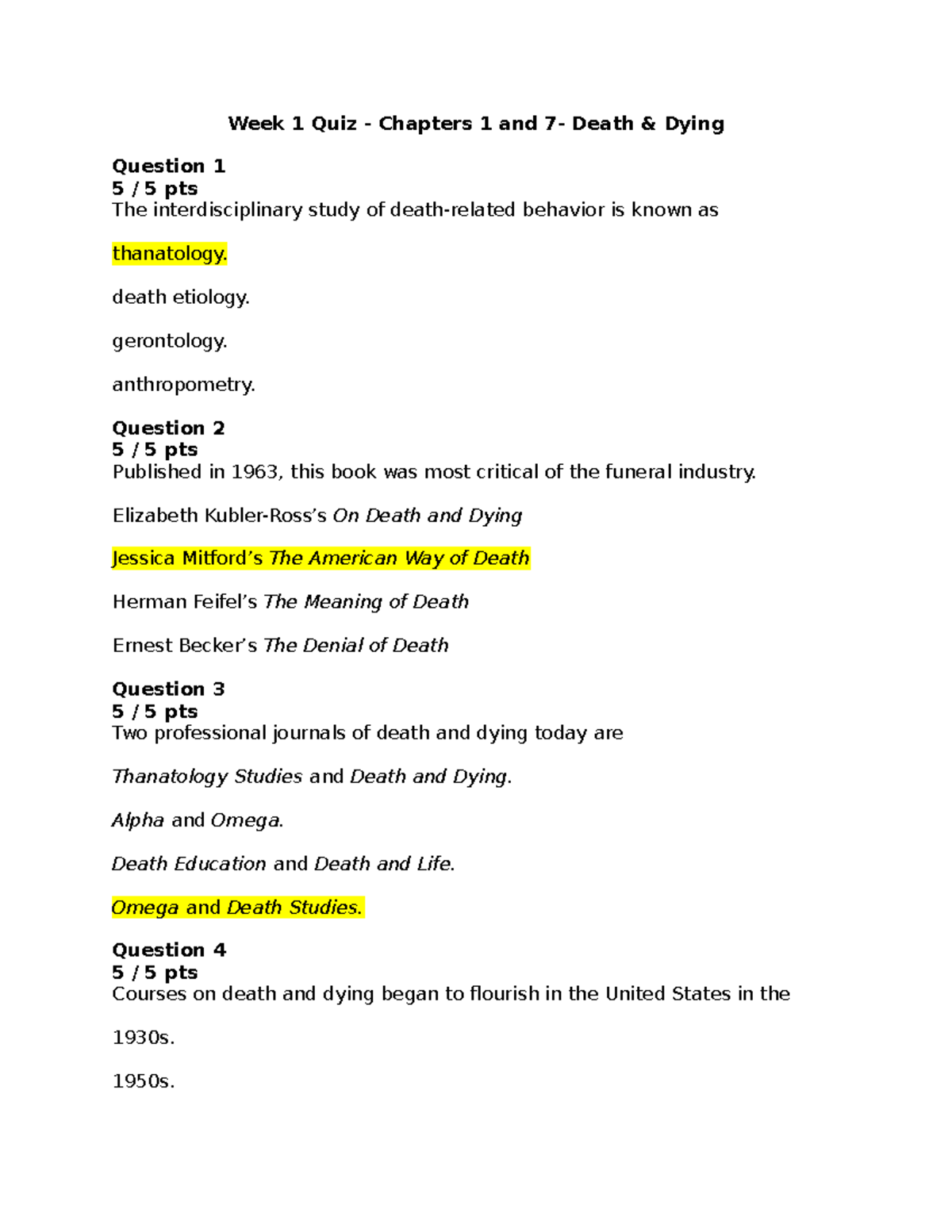 Week 1 Quiz: Chapters 1 and 7 on Death and Dying - Studocu