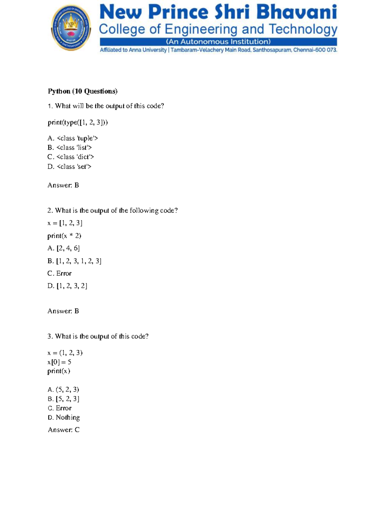 NLP VAC QNS - Python Quiz (10 Questions) - Studocu