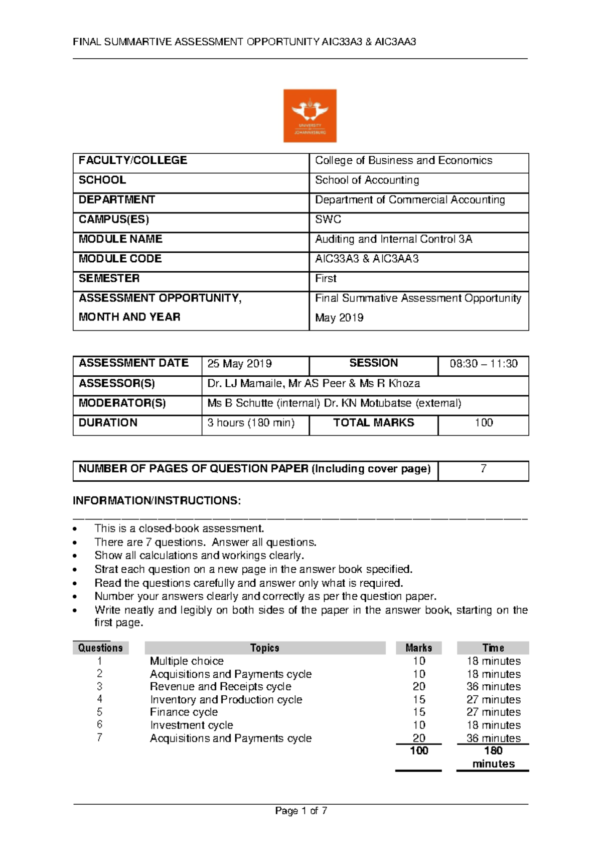 AIC33A3 - Auditing & Internal Control Final Exam Review Guide - Studocu