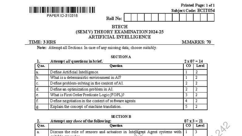 BTECH (SEM V) AI Theory Exam Notes - BCIT054 Jan 2025 - Studocu