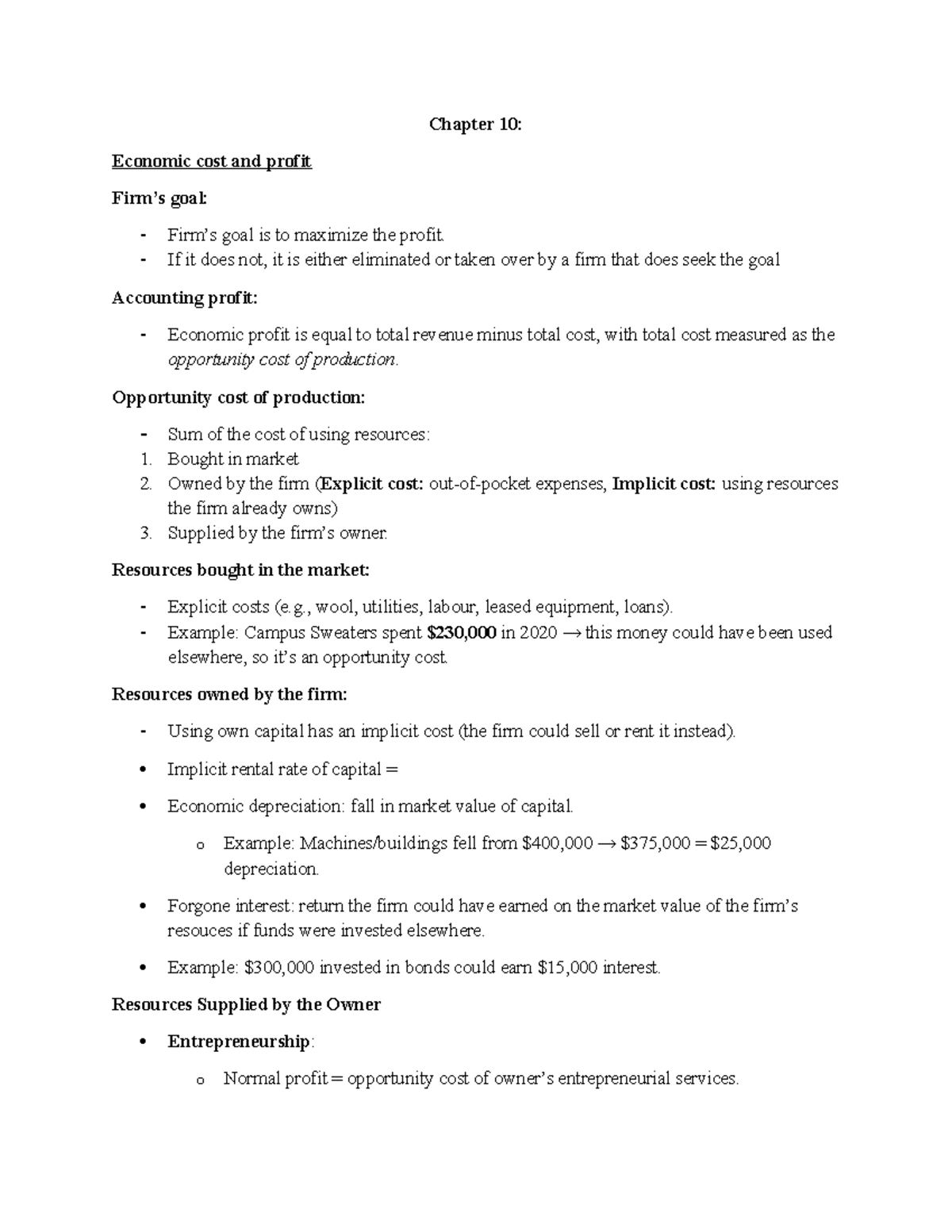 Chapter 10: Economic Costs and Profit Maximization Notes - Studocu