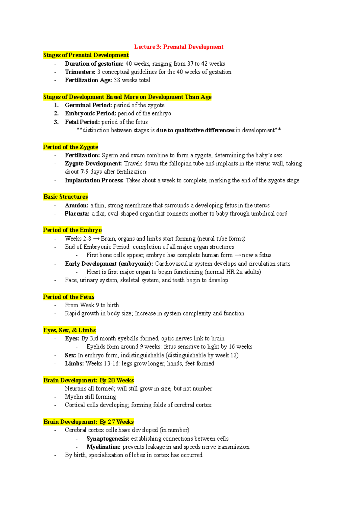 PSY2114 Lecture 3: Stages of Prenatal Development and Influences - Studocu