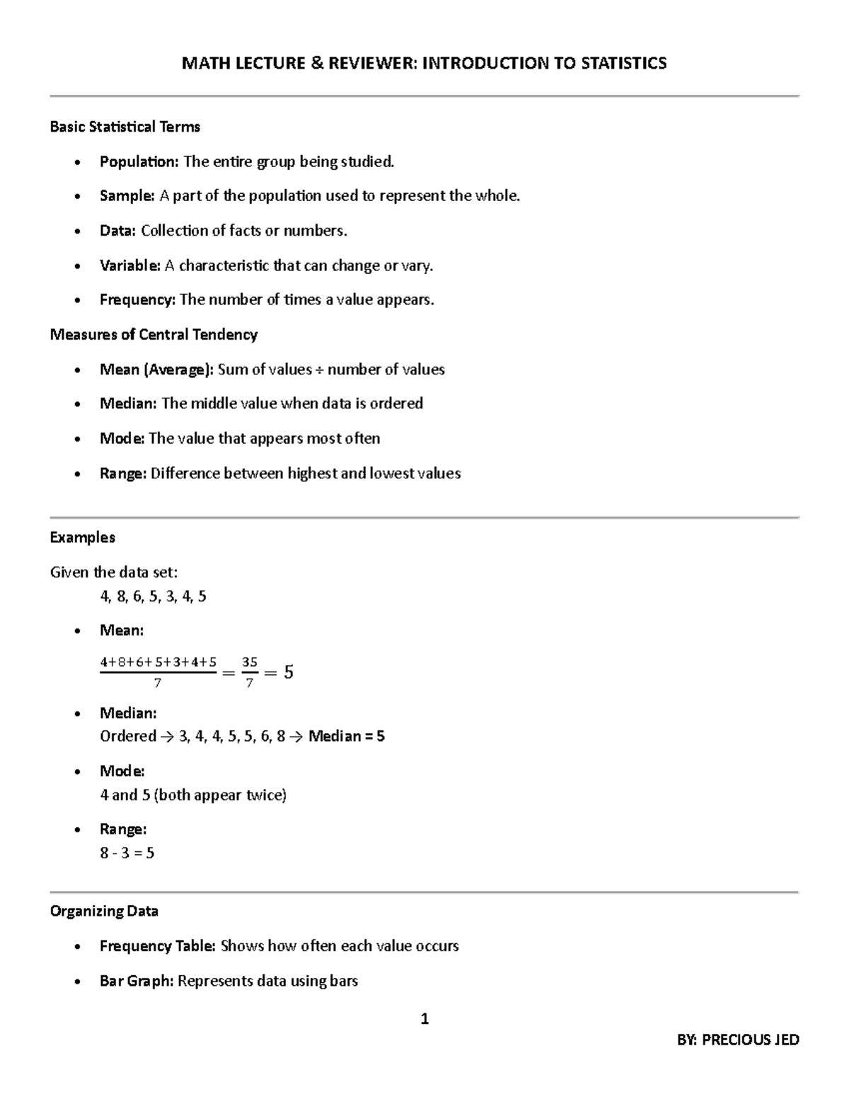 MATH LECTURE REVIEWER: INTRODUCTION TO STATISTICS - Studocu