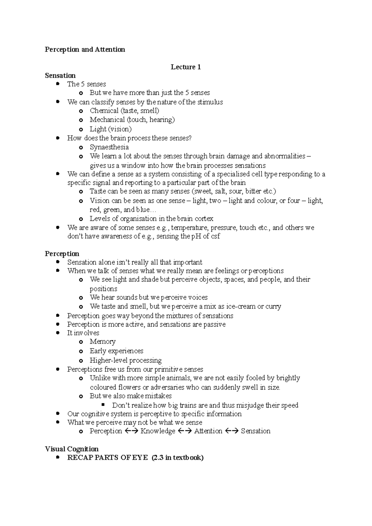 Perception and Attention - Perception and Attention Lecture 1 Sensation ...