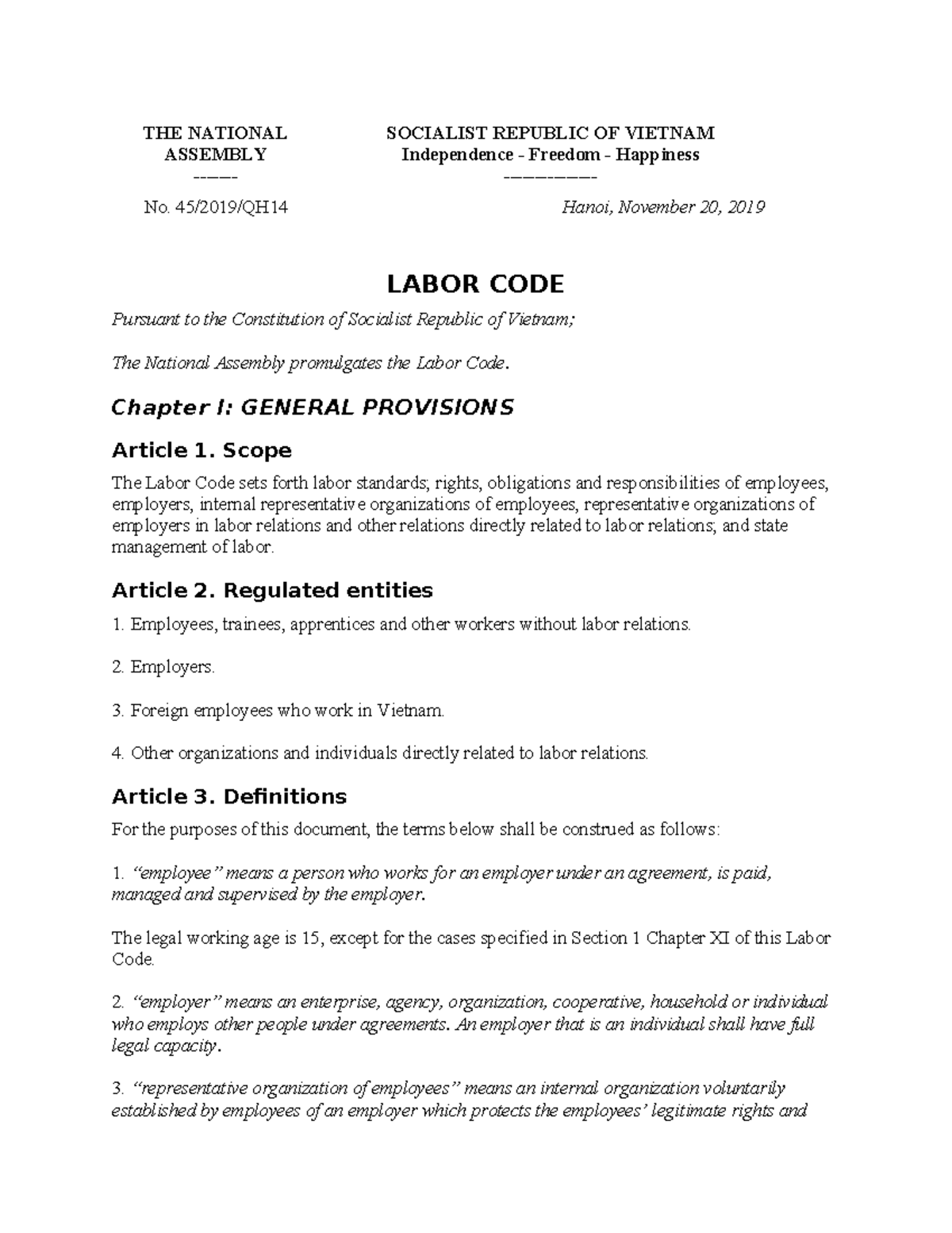 Labour Code 2019: Key Provisions and Employment Regulations - Studocu