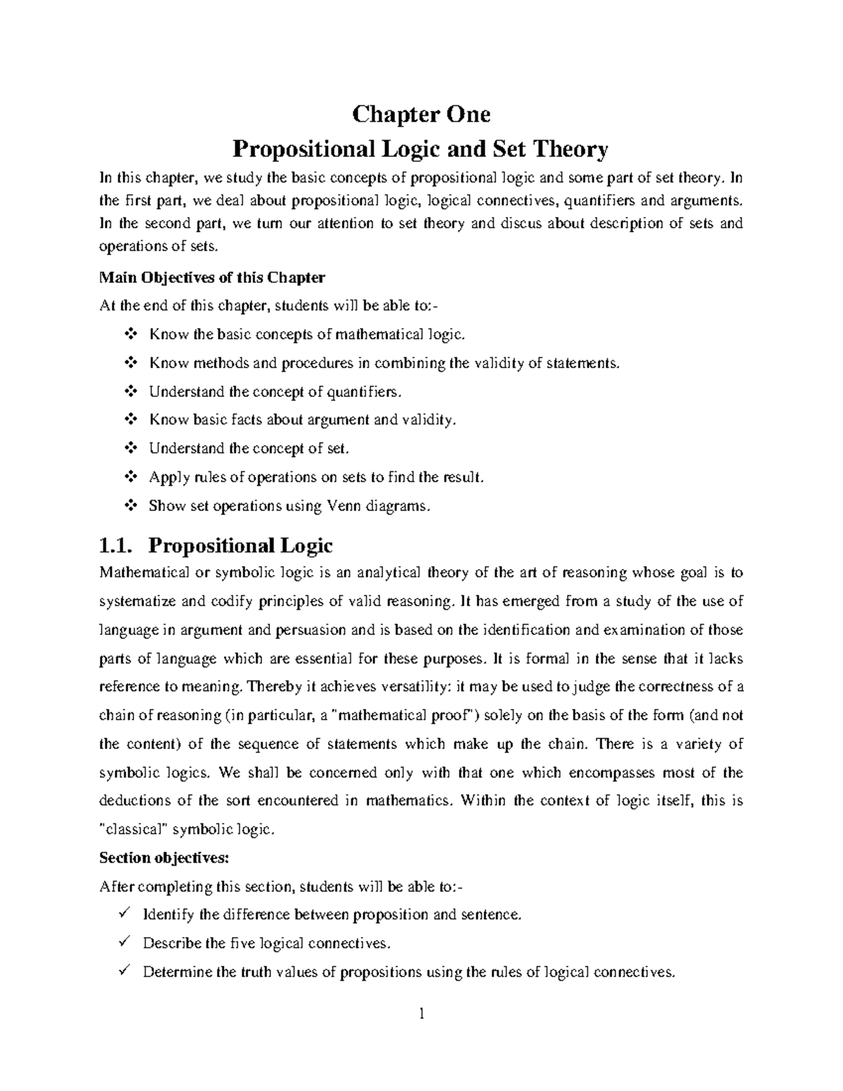 Chapter 1: Propositional Logic & Set Theory Overview (MATH101) - Studocu