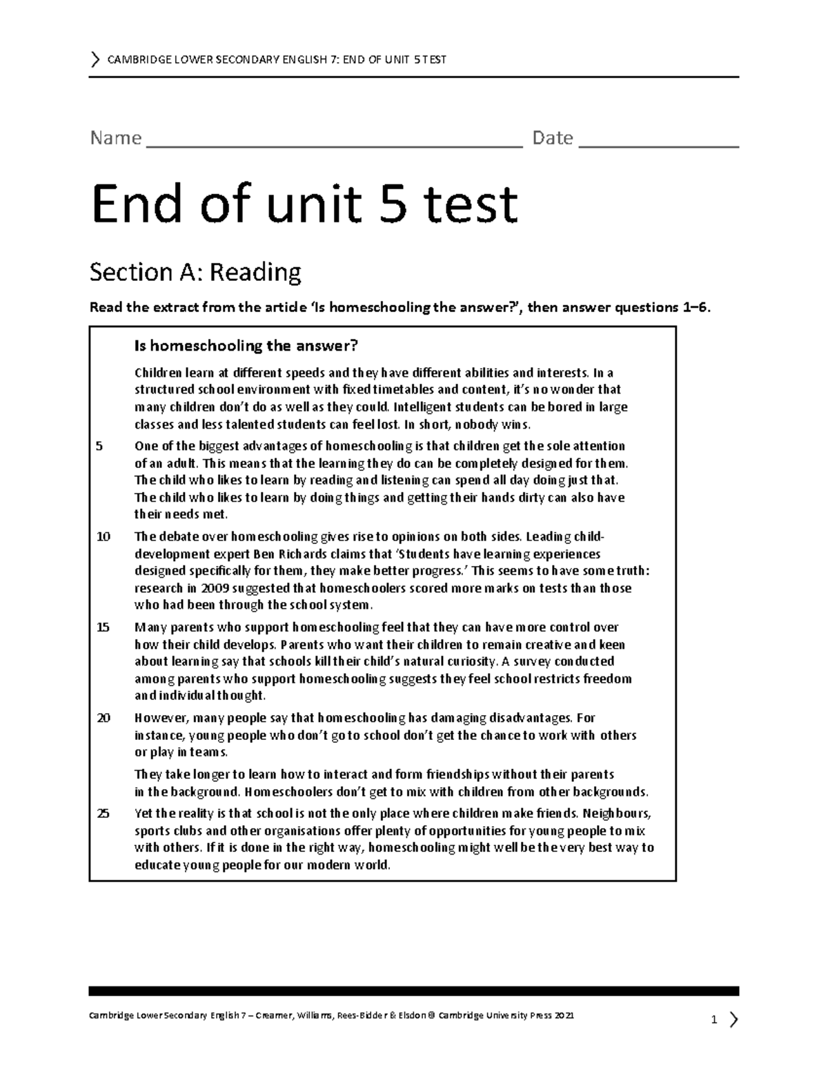 CAMBRIDGE LOWER SECONDARY ENGLISH 7: END OF UNIT 5 TEST - Studocu