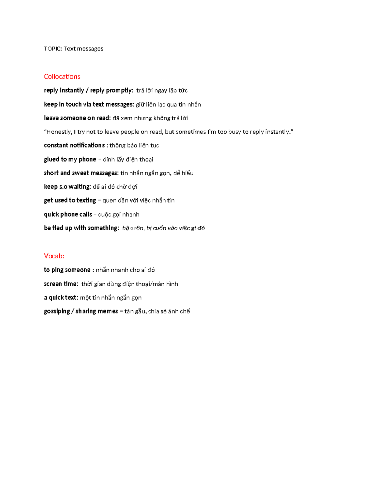 TEXT Messages Collocations & Vocabulary Guide - Studocu