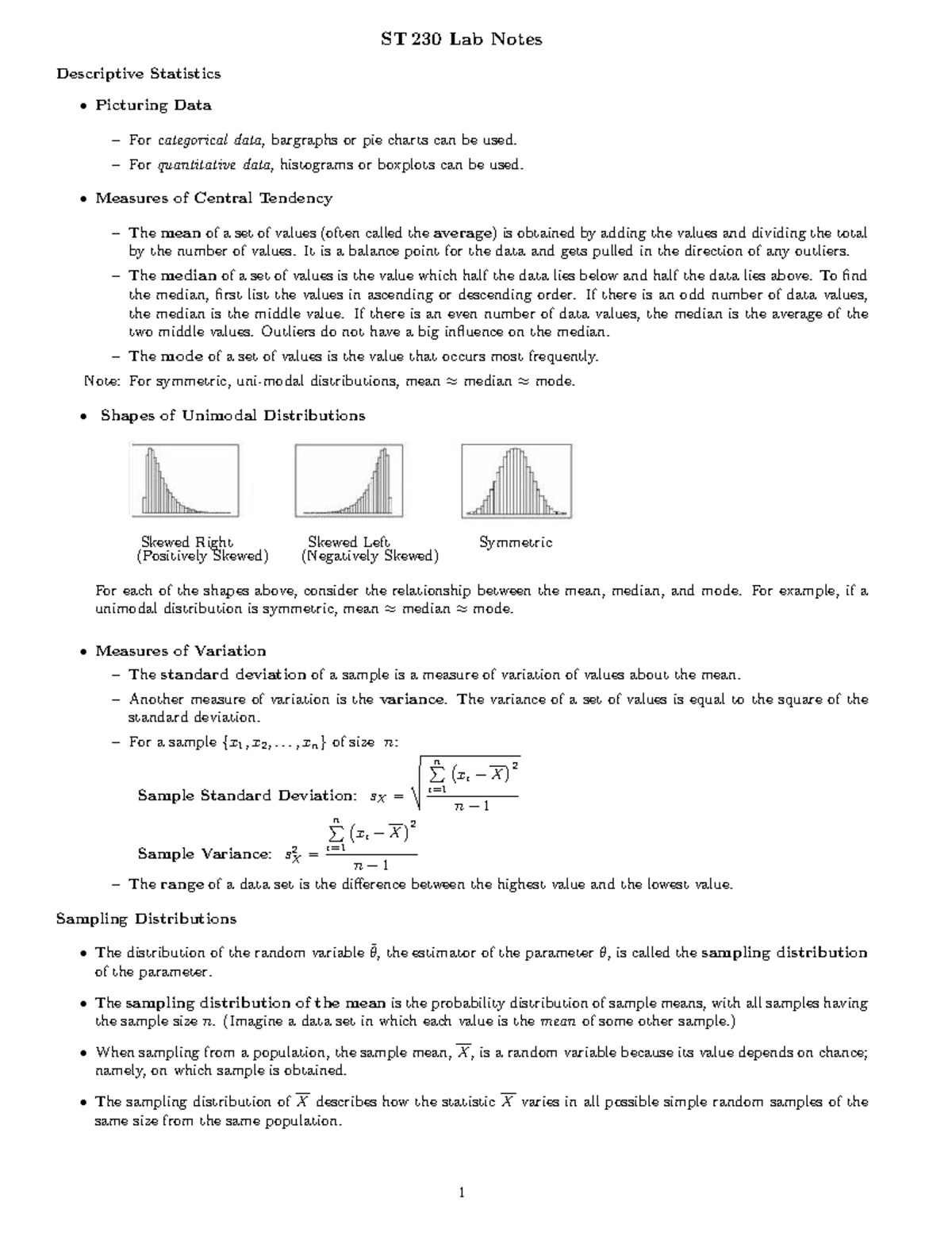 ST 230 Lab 4 Notes: Descriptive Statistics and Sampling Distributions ...