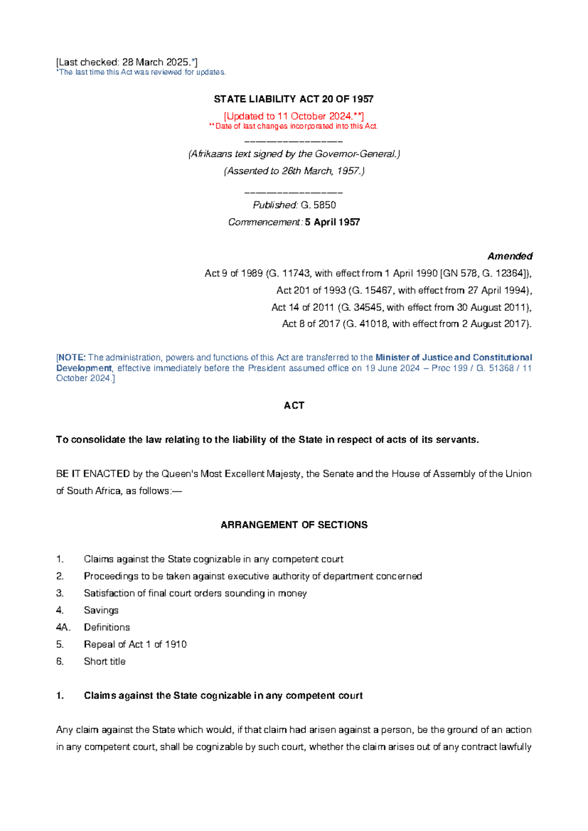 SLA 1957: Overview and Amendments of the State Liability Act - Studocu