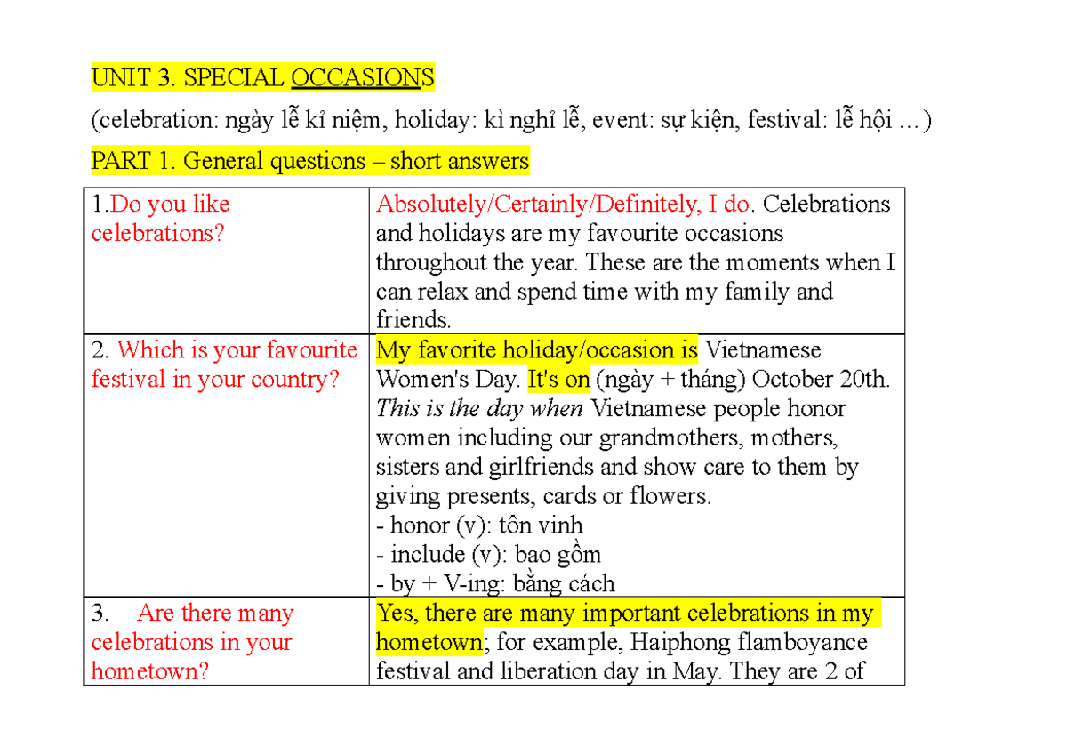UNIT 3 notes - Triết học Mác-Lênin - UNIT 3. SPECIAL OCCASIONS ...