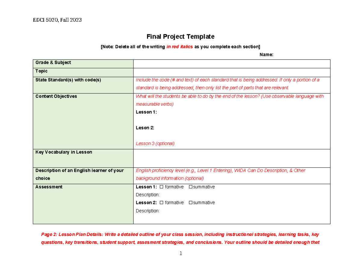 Final Project Lesson Plan Template for Educators: Comprehensive Guide ...
