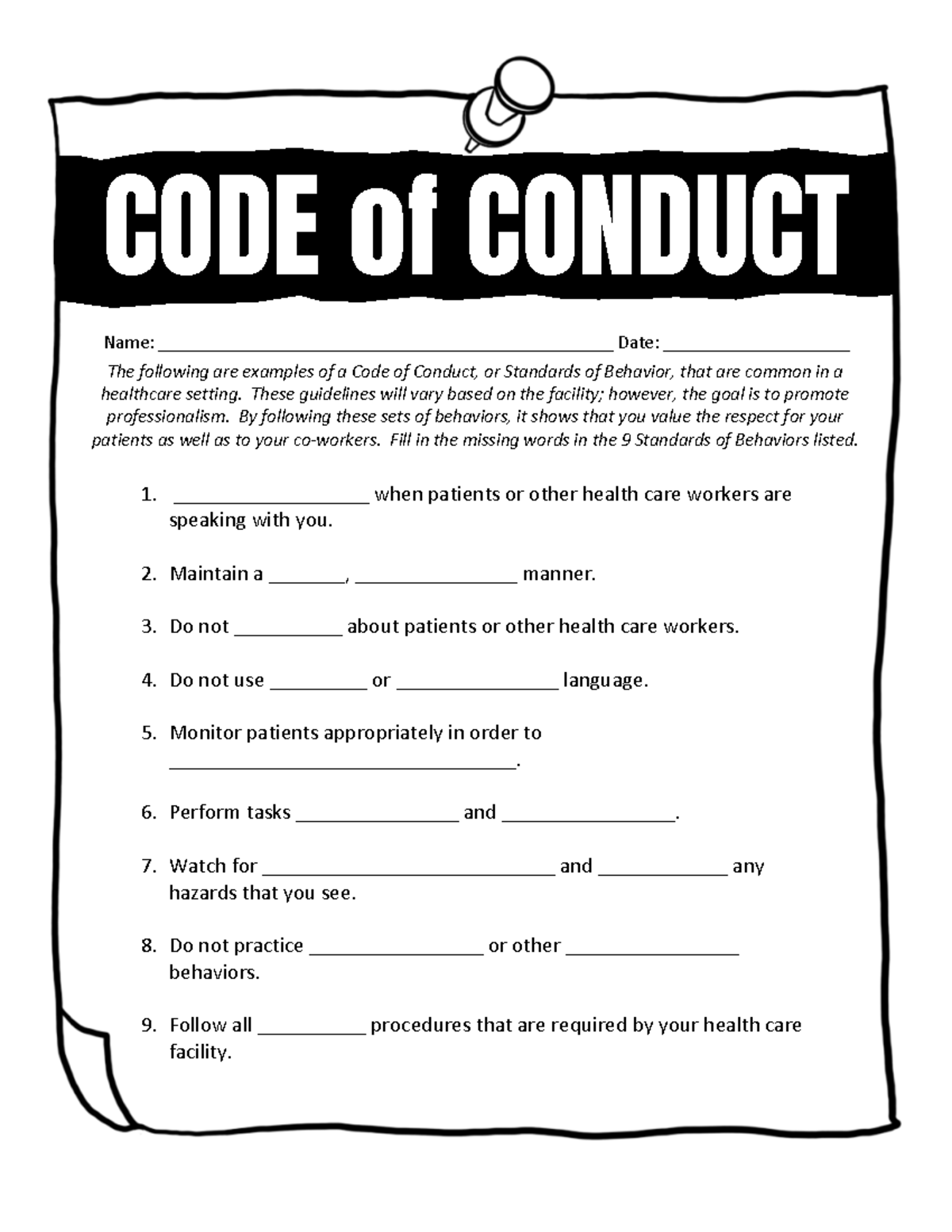 Healthcare Standards of Behavior Code of Conduct Printable - Studocu