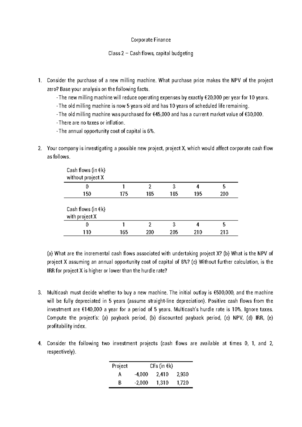 02 Class - Corporate Finance Practice Exercises & NPV Analysis - Studocu