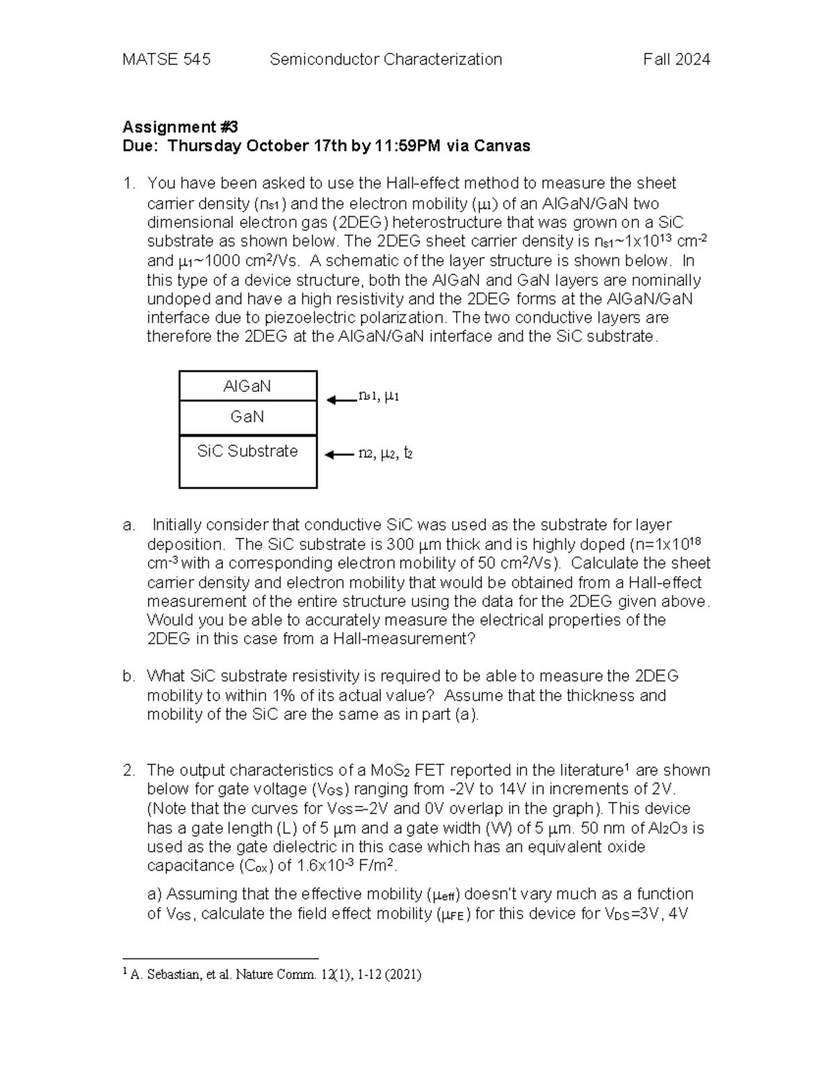 MATSE 545 Assignment #3: Hall-Effect Method & MoS2 FET Analysis - Studocu
