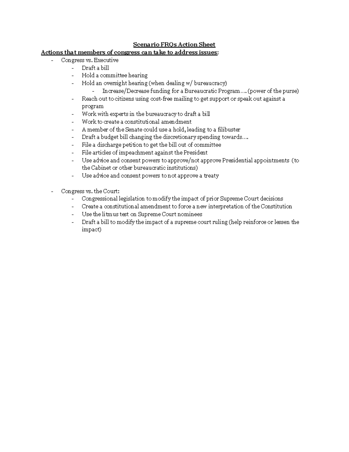 Congress & Executive Actions: Scenario FRQs Sheet Overview - Studocu