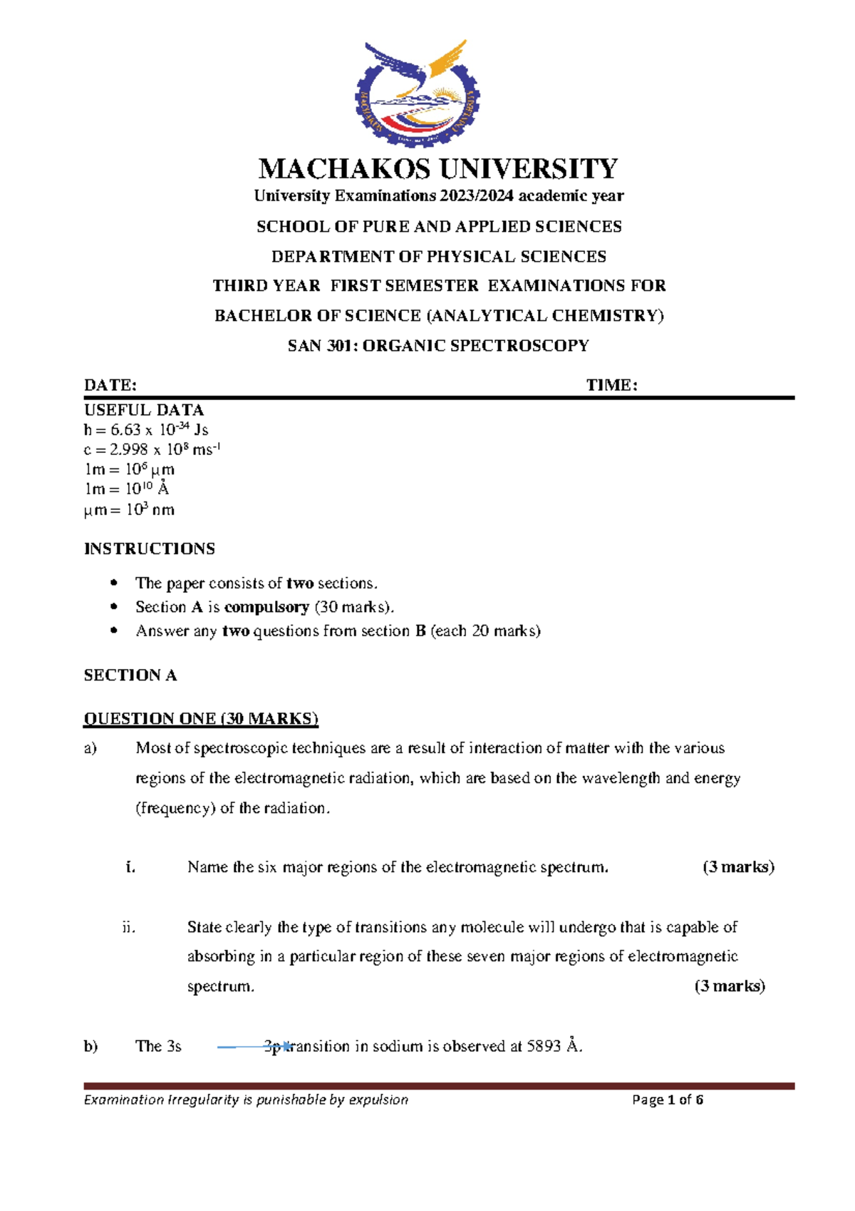 SAN 301: Organic Spectroscopy Exam Paper - Academic Year 2023 - Studocu