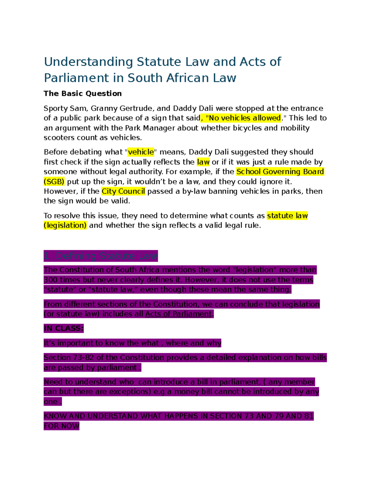 STI 3rd Year LLB Notes: Understanding South African Statute Law - Studocu