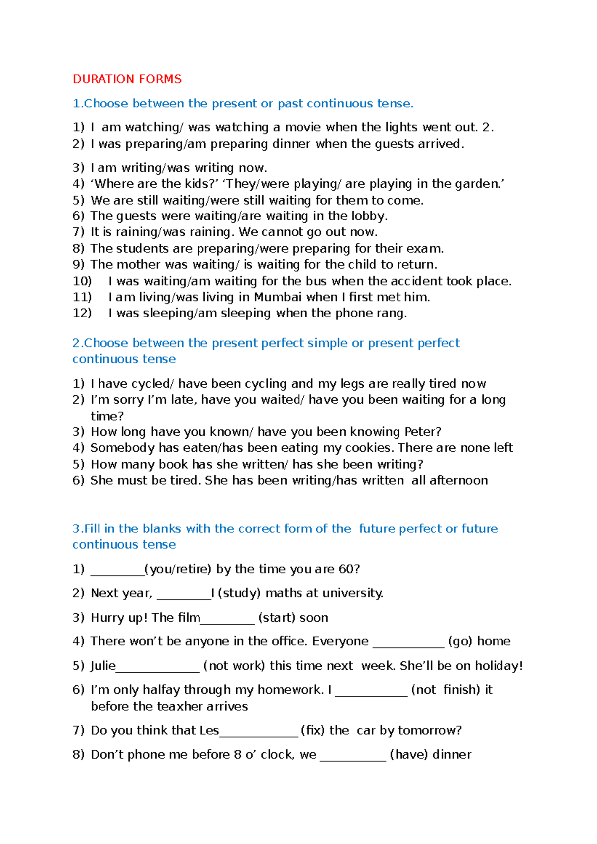 Duration Forms Exercises: Tenses Practice and Application - Studocu