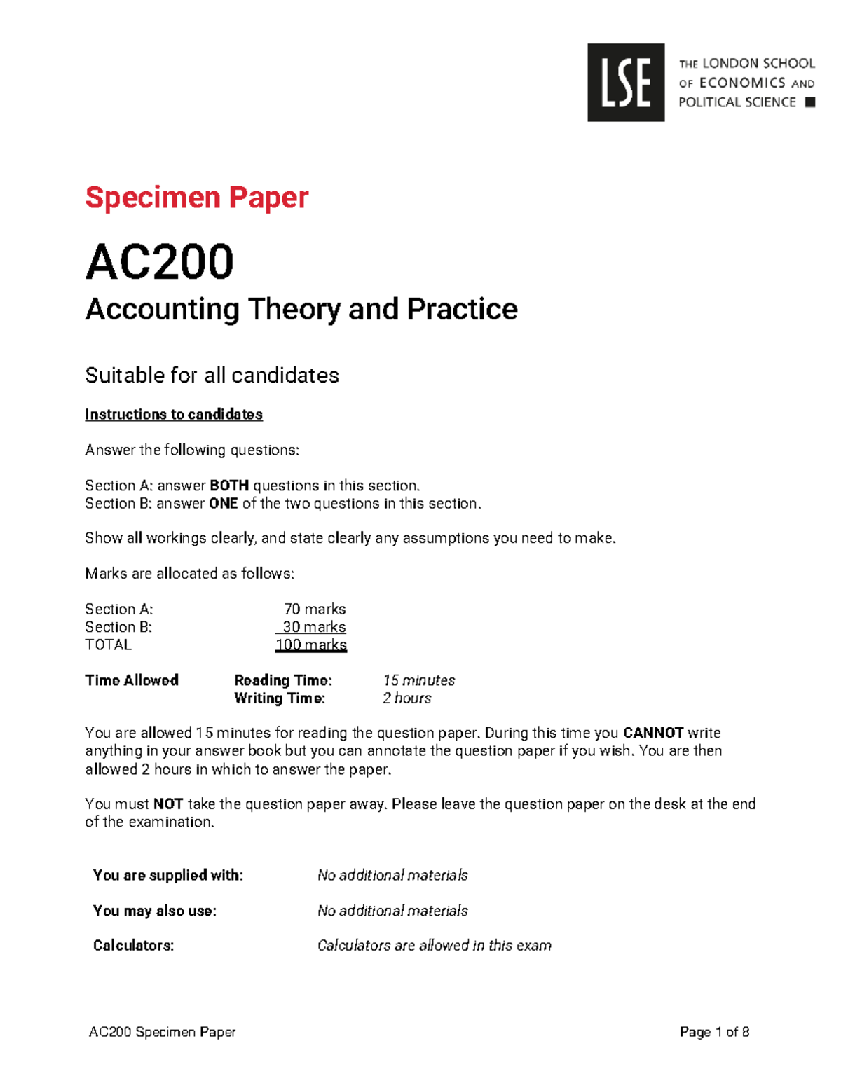 AC200 Specimen Paper: Accounting Theory & Practice 202324 - Studocu
