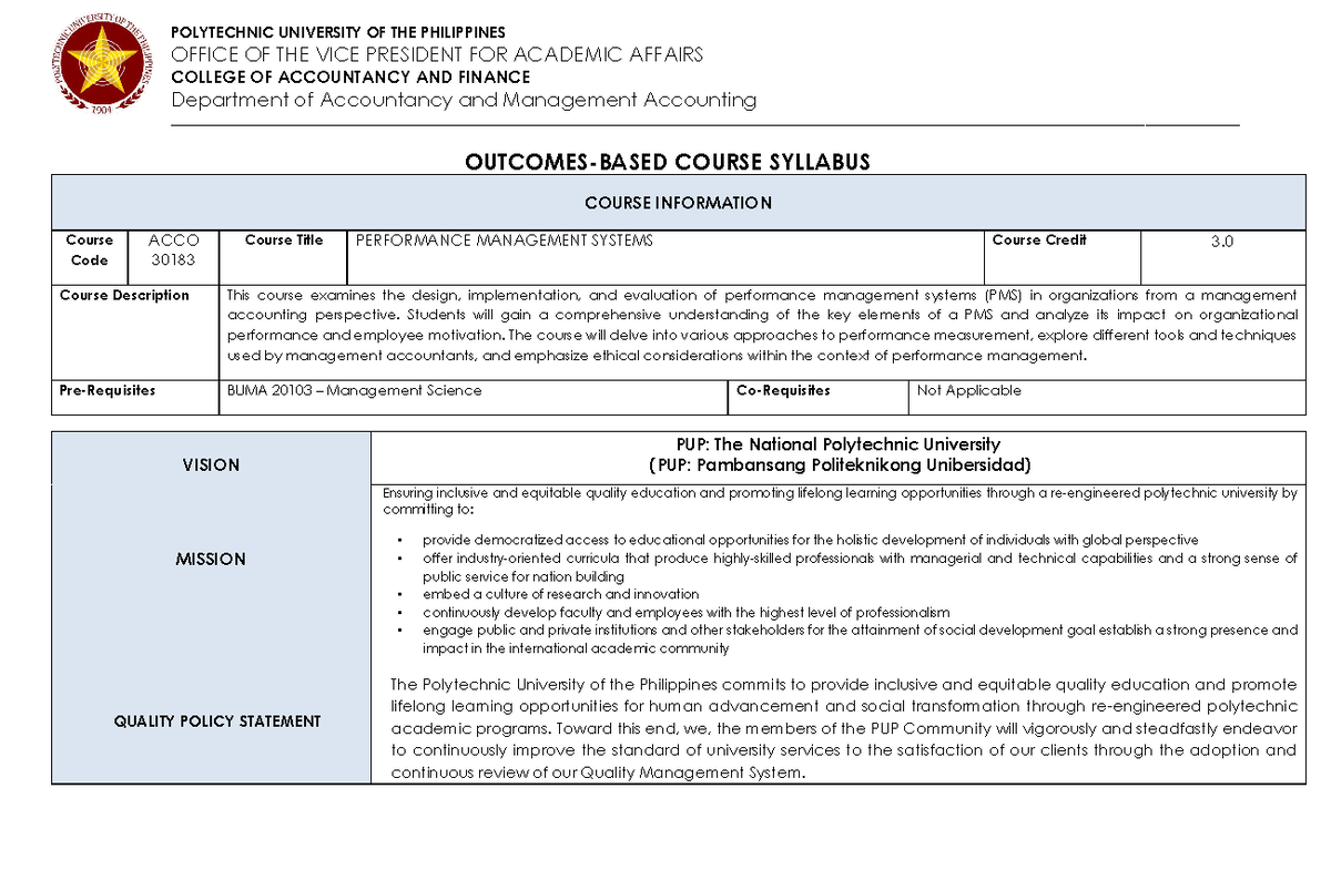 ACCO 30183: Performance Management Systems Course Syllabus - Studocu