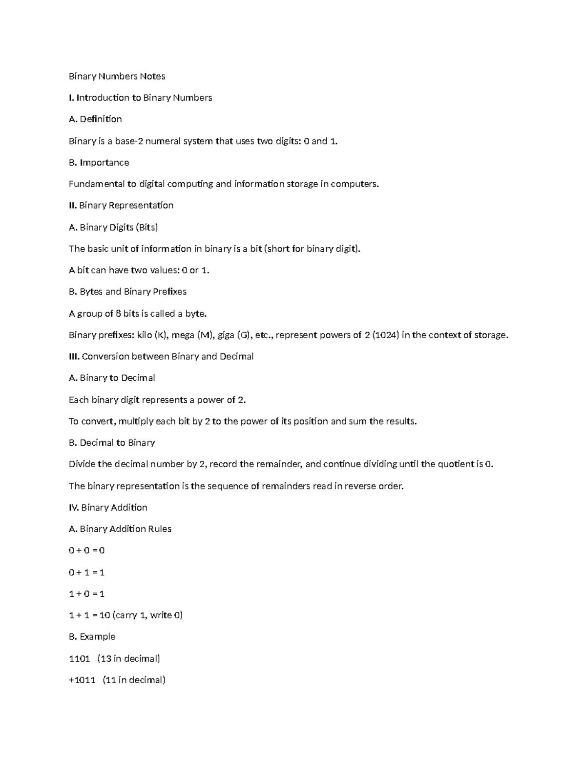 Binary Numbers Notes: Introduction & Operations Overview - Studocu