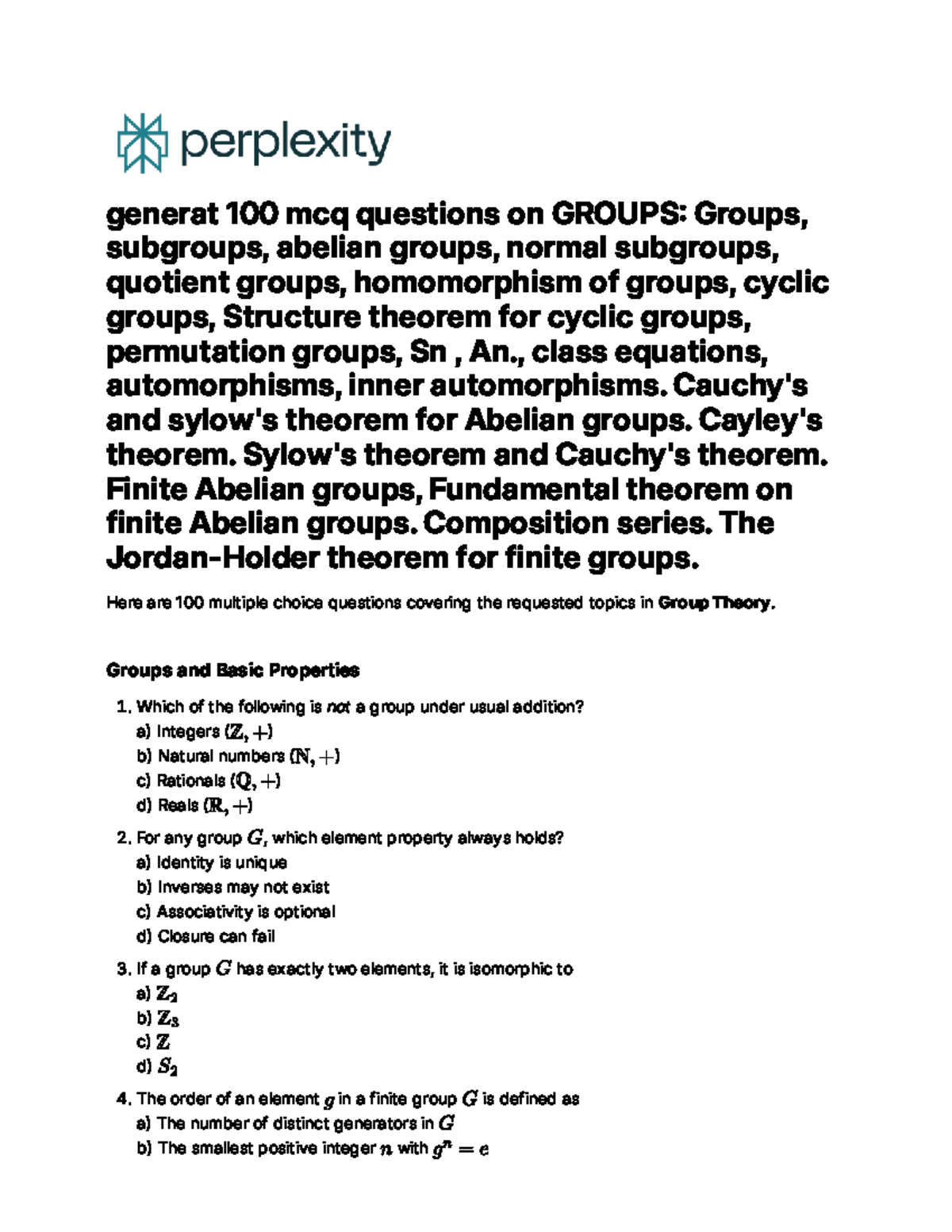 100 MCQs on Group Theory: Groups, Subgroups, and Theorems - Studocu