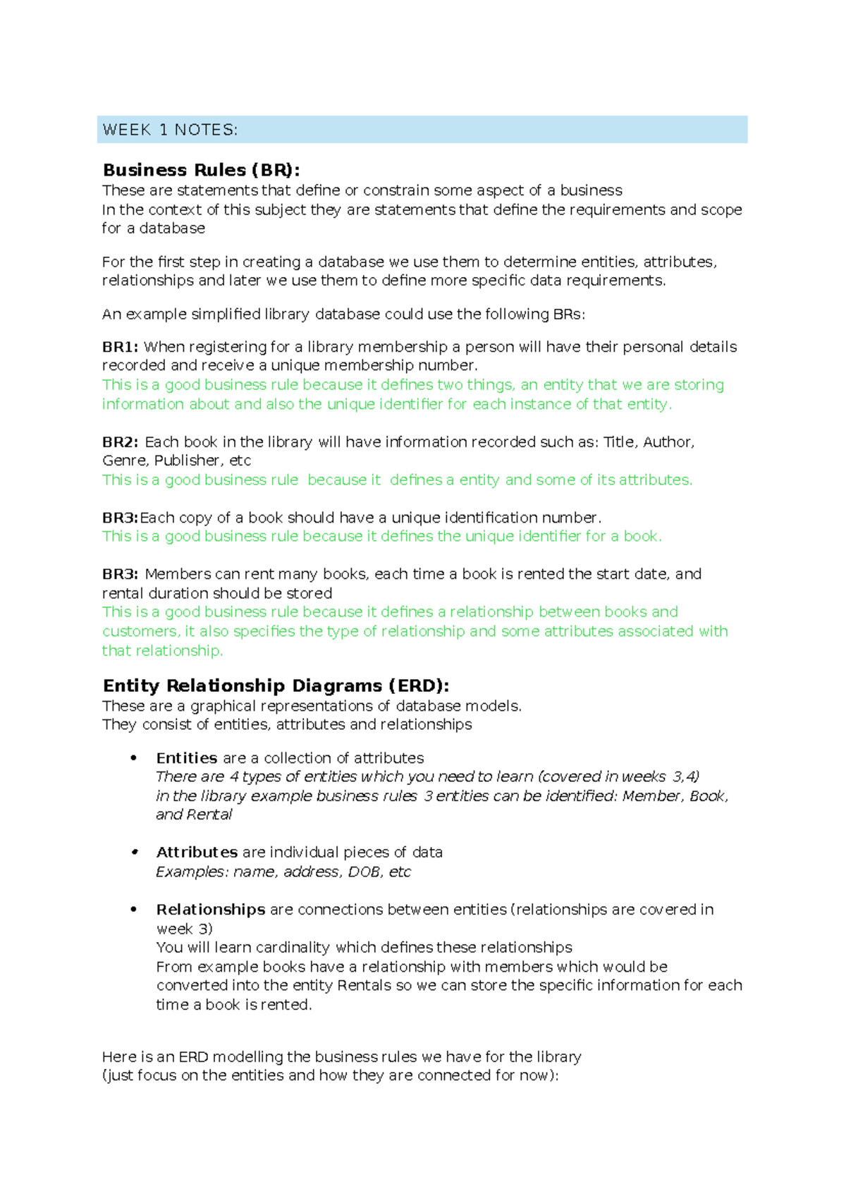 week one introduction - WEEK 1 NOTES: Business Rules (BR): These are ...