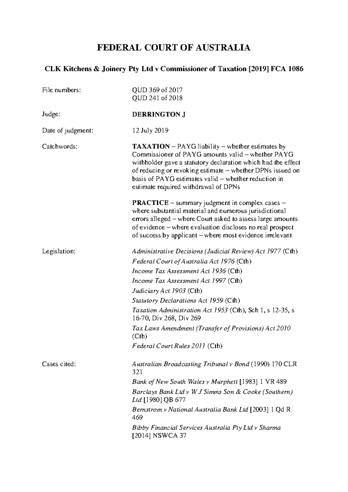 Case 84544 - case summary explain fortuna injunction - FEDERAL COURT OF ...