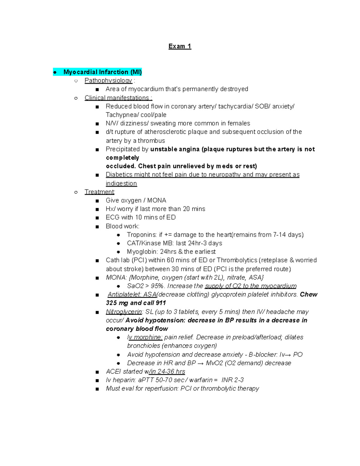 Complex Exam 1 - Blueprint for Myocardial Infarction and Cardiac ...