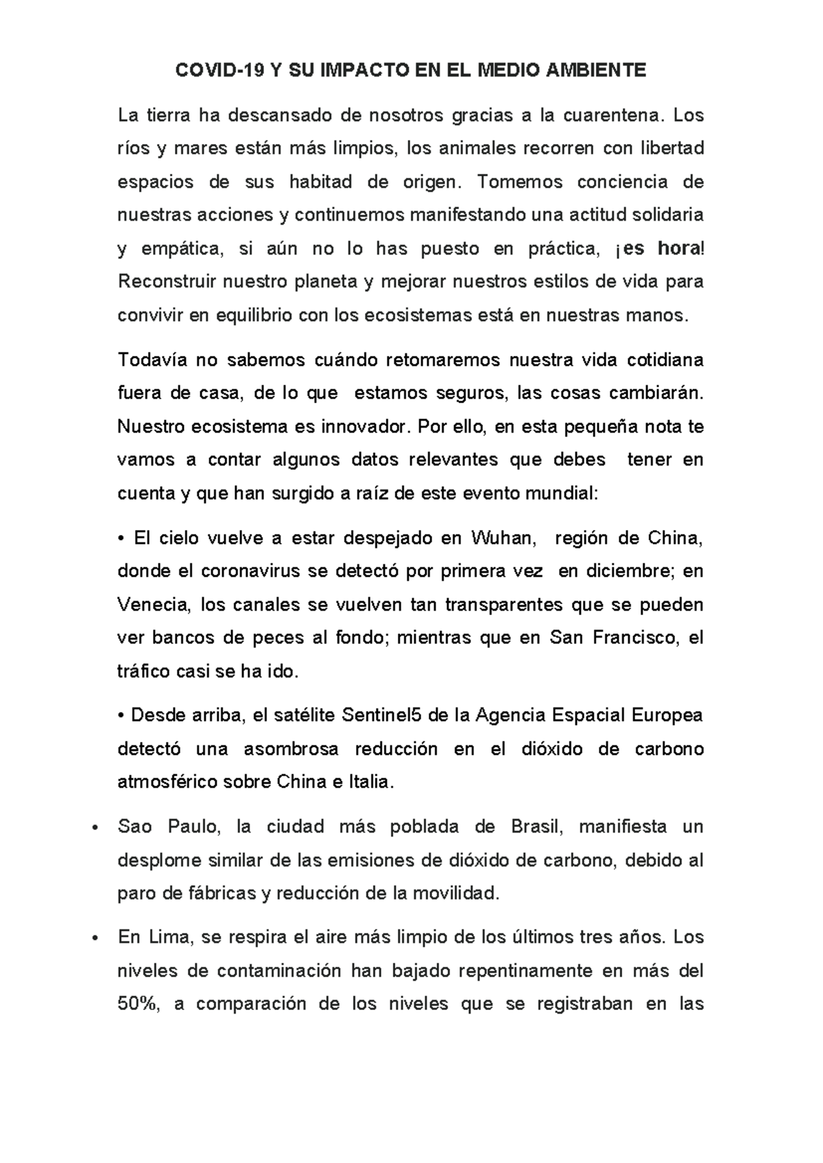 Ensayo sobre el COVID-19 y su Impacto Ambiental - Studocu